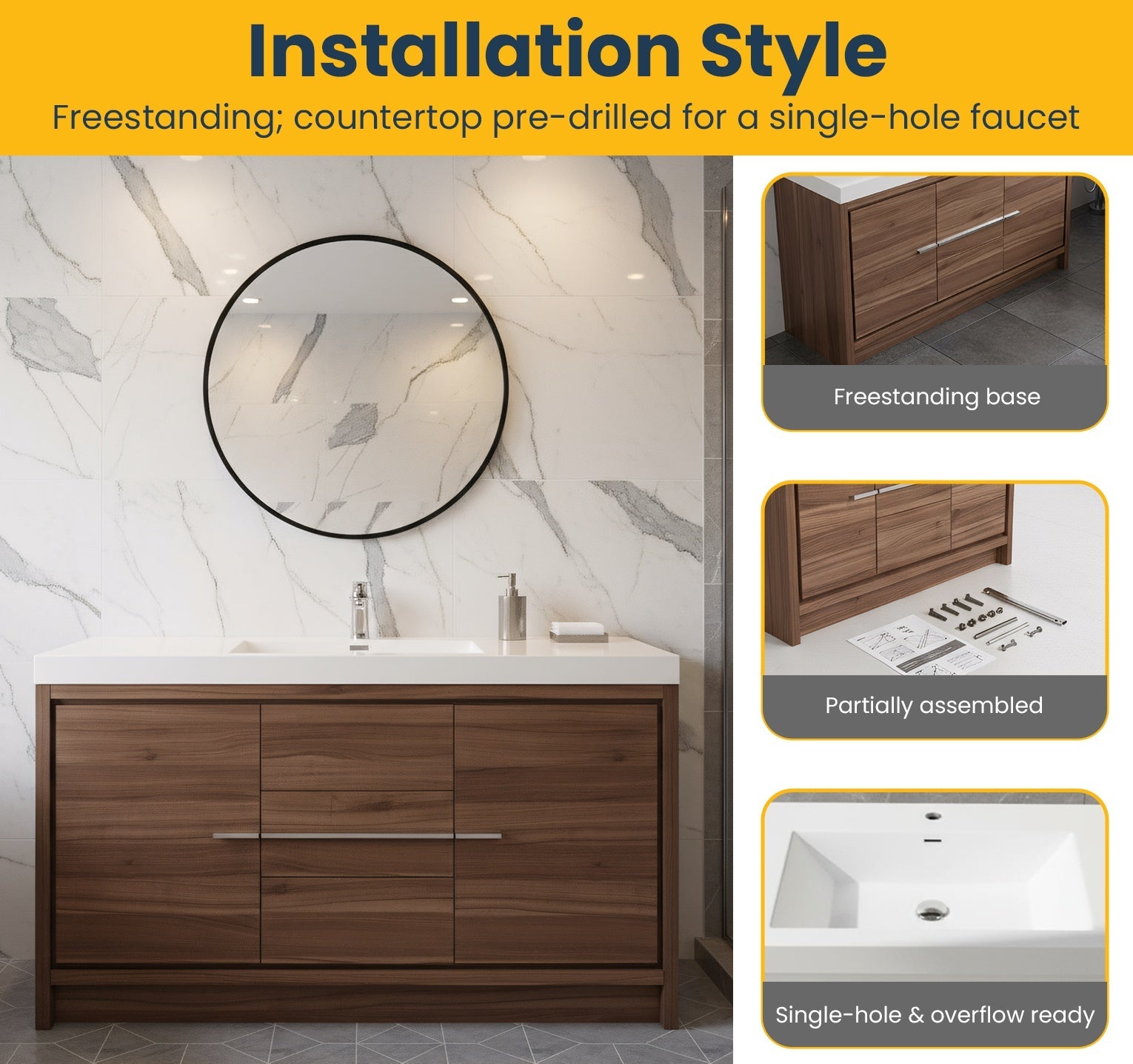 60" Walnut Freestanding Single Sink Bathroom Vanity with White Polymarble Countertop-Migration_Bathroom Vanities-DECOROLALA