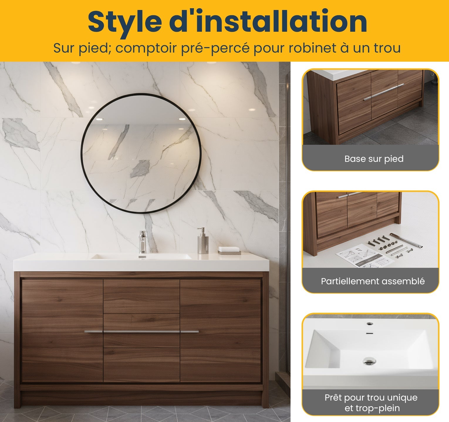 60" Walnut Freestanding Single Sink Bathroom Vanity with White Polymarble Countertop-Migration_Bathroom Vanities-DECOROLALA