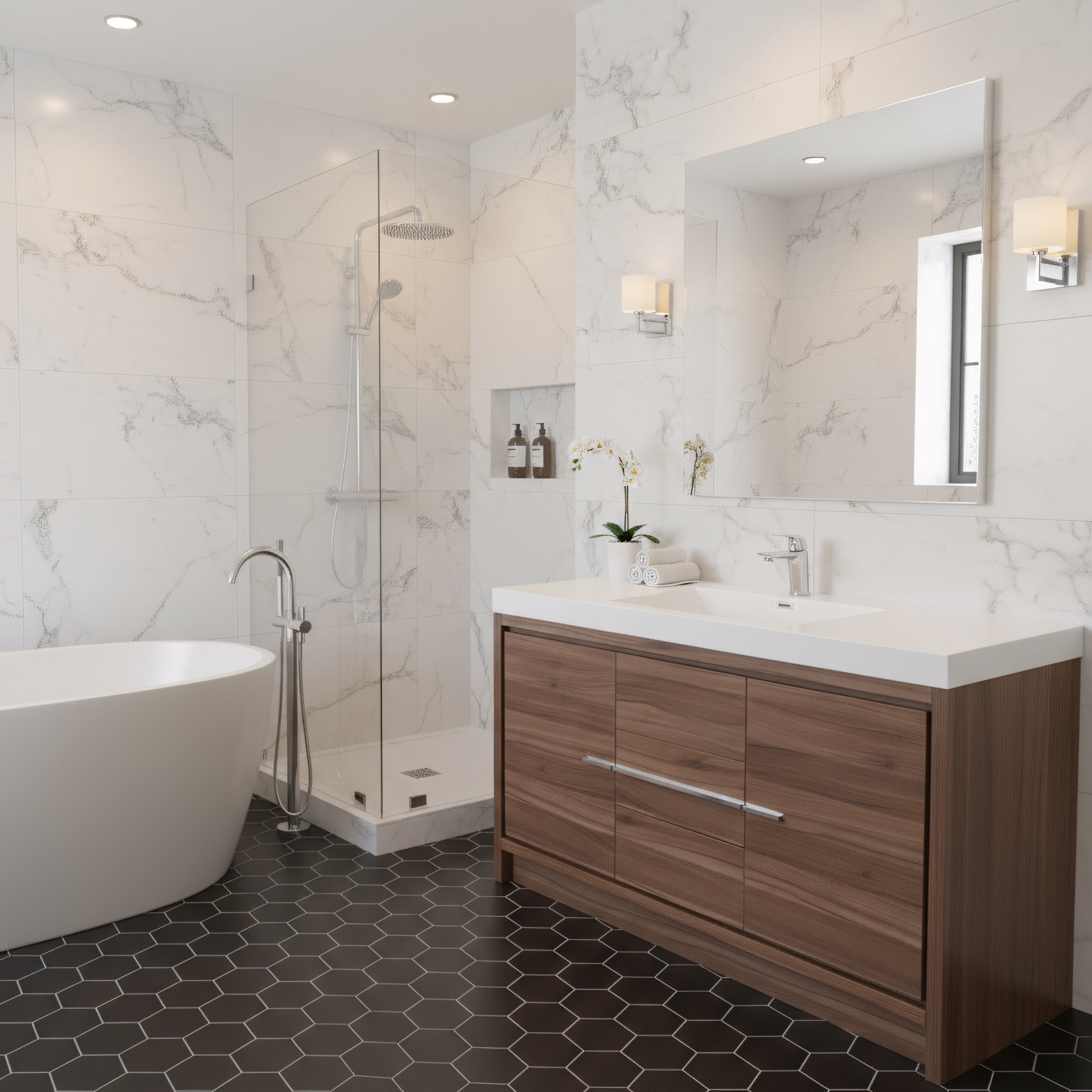 60" Walnut Freestanding Single Sink Bathroom Vanity with White Polymarble Countertop-Migration_Bathroom Vanities-DECOROLALA