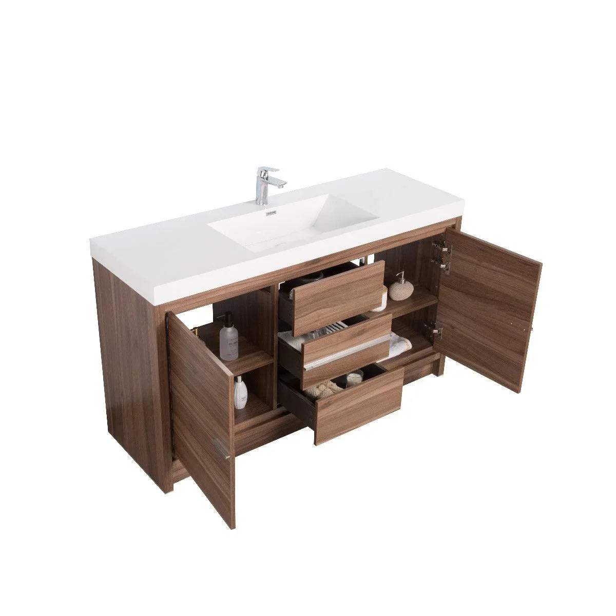60" Walnut Freestanding Single Sink Bathroom Vanity with White Polymarble Countertop-Migration_Bathroom Vanities-DECOROLALA