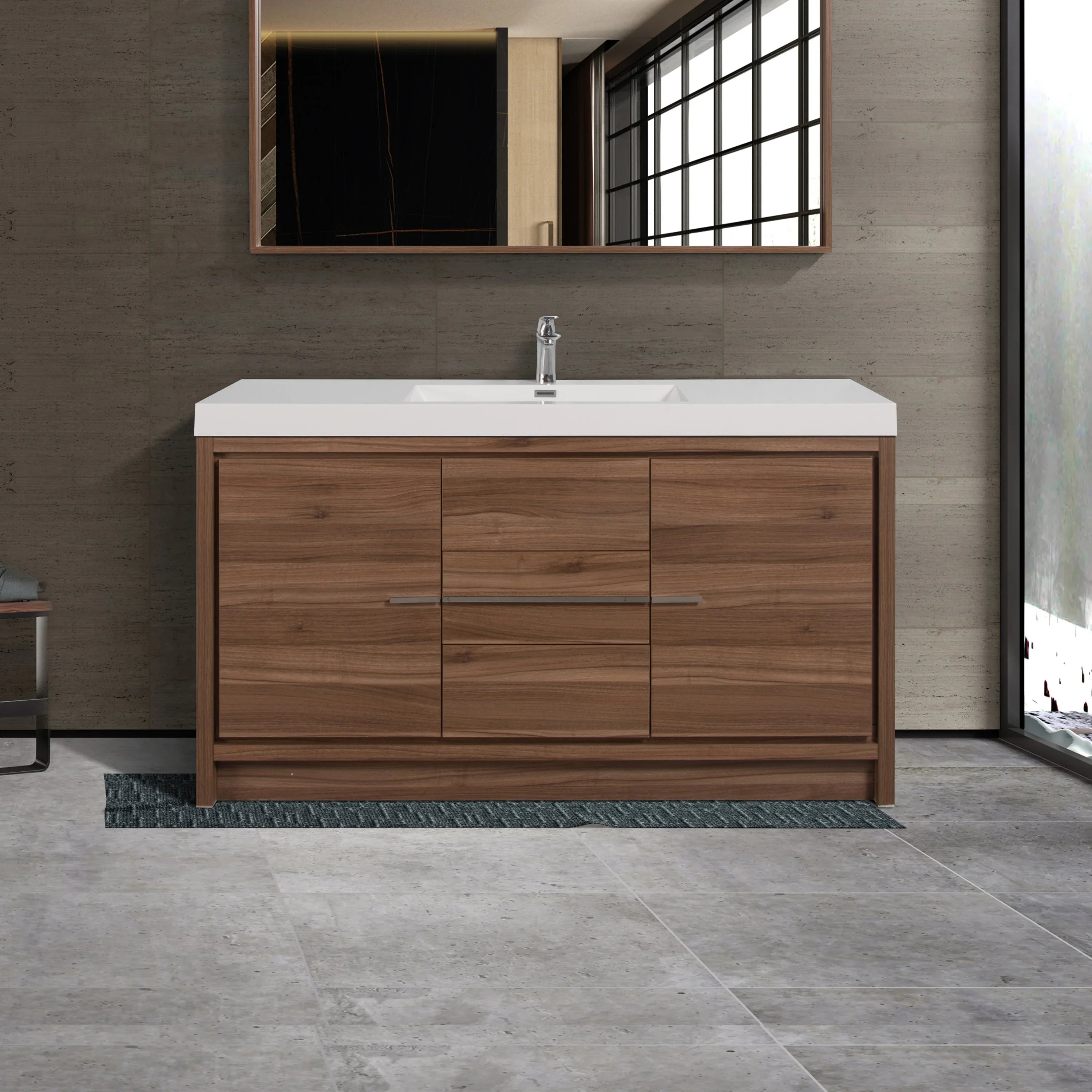 60" Walnut Freestanding Single Sink Bathroom Vanity with White Polymarble Countertop-Migration_Bathroom Vanities-DECOROLALA