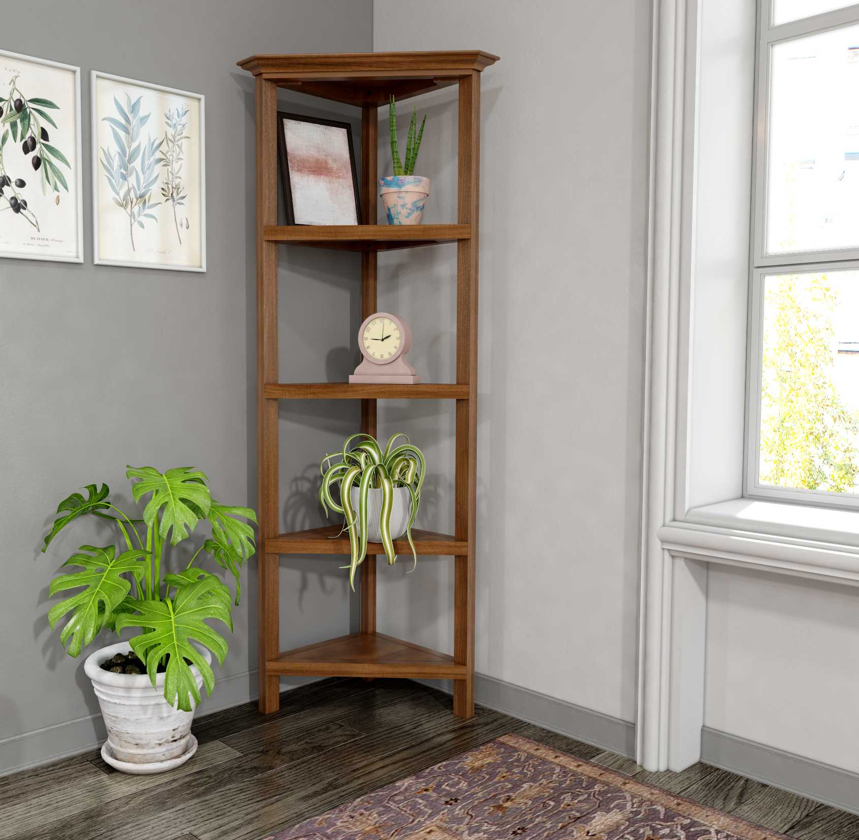 60" Walnut Solid Wood Four Tier Corner Bookcase-Bookcases-DECOROLALA