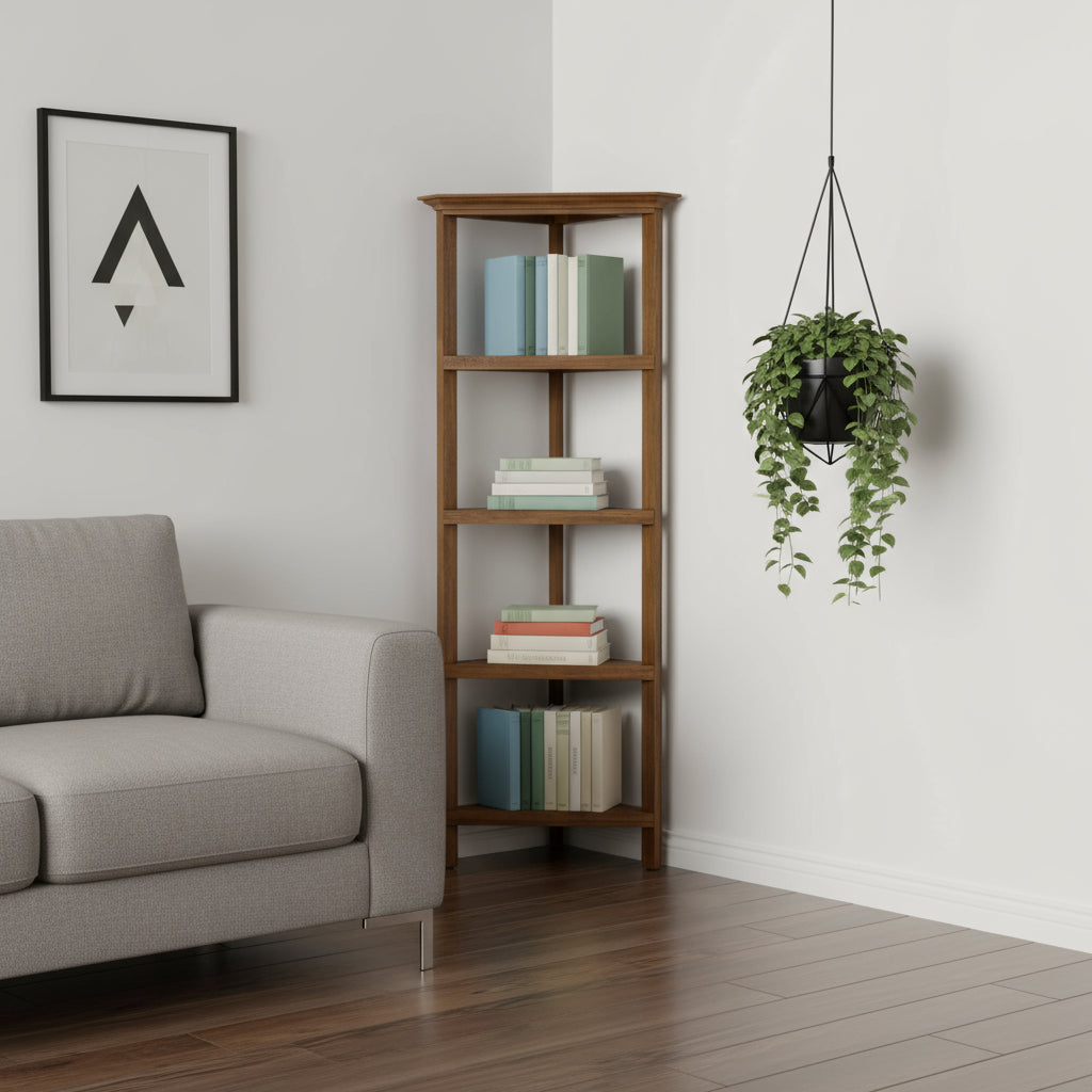 60" Walnut Solid Wood Four Tier Corner Bookcase-Bookcases-DECOROLALA