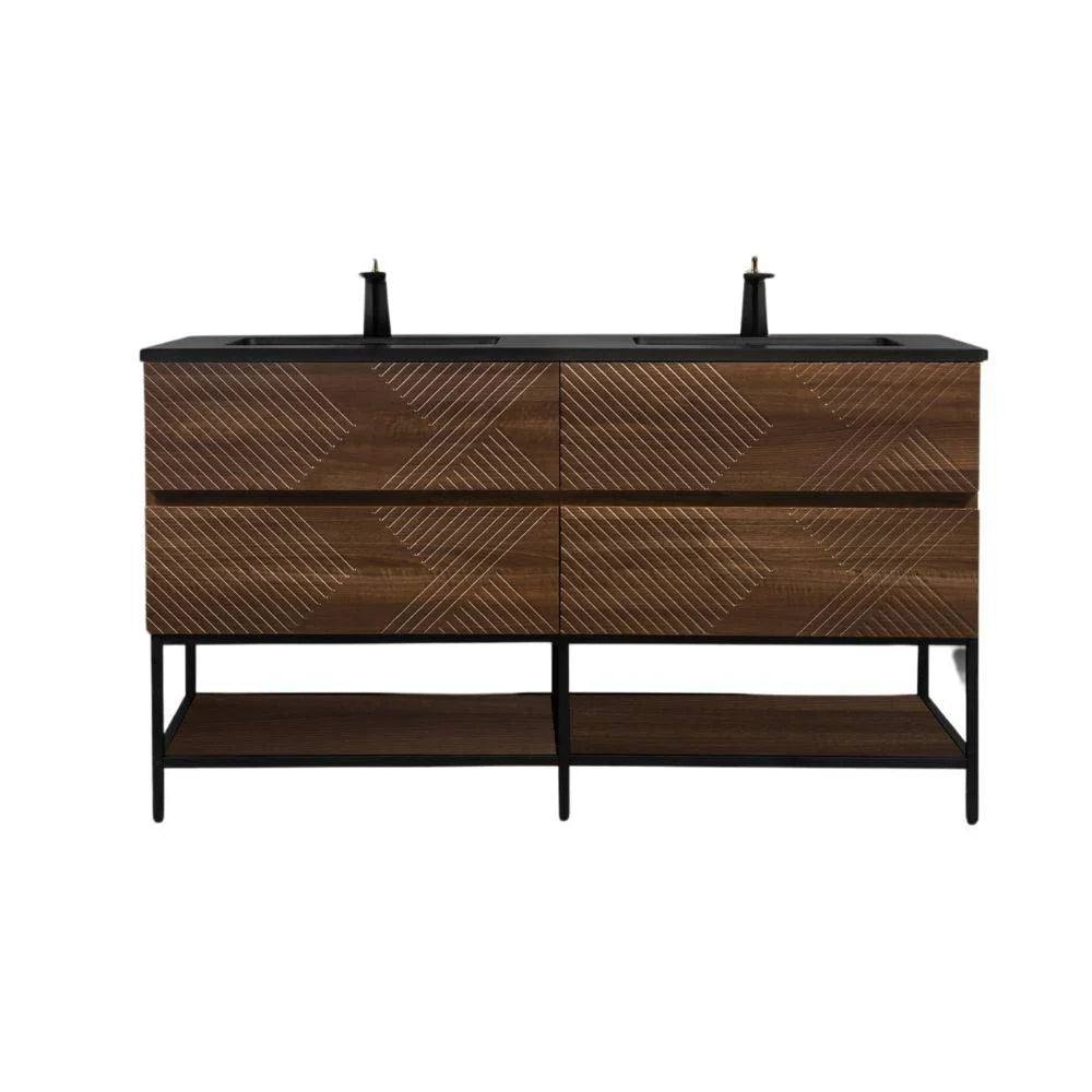 60" Walnut Wall Mount Double Sink Bathroom Vanity with Black Engineered Quartz Countertop-Migration_Bathroom Vanities-DECOROLALA