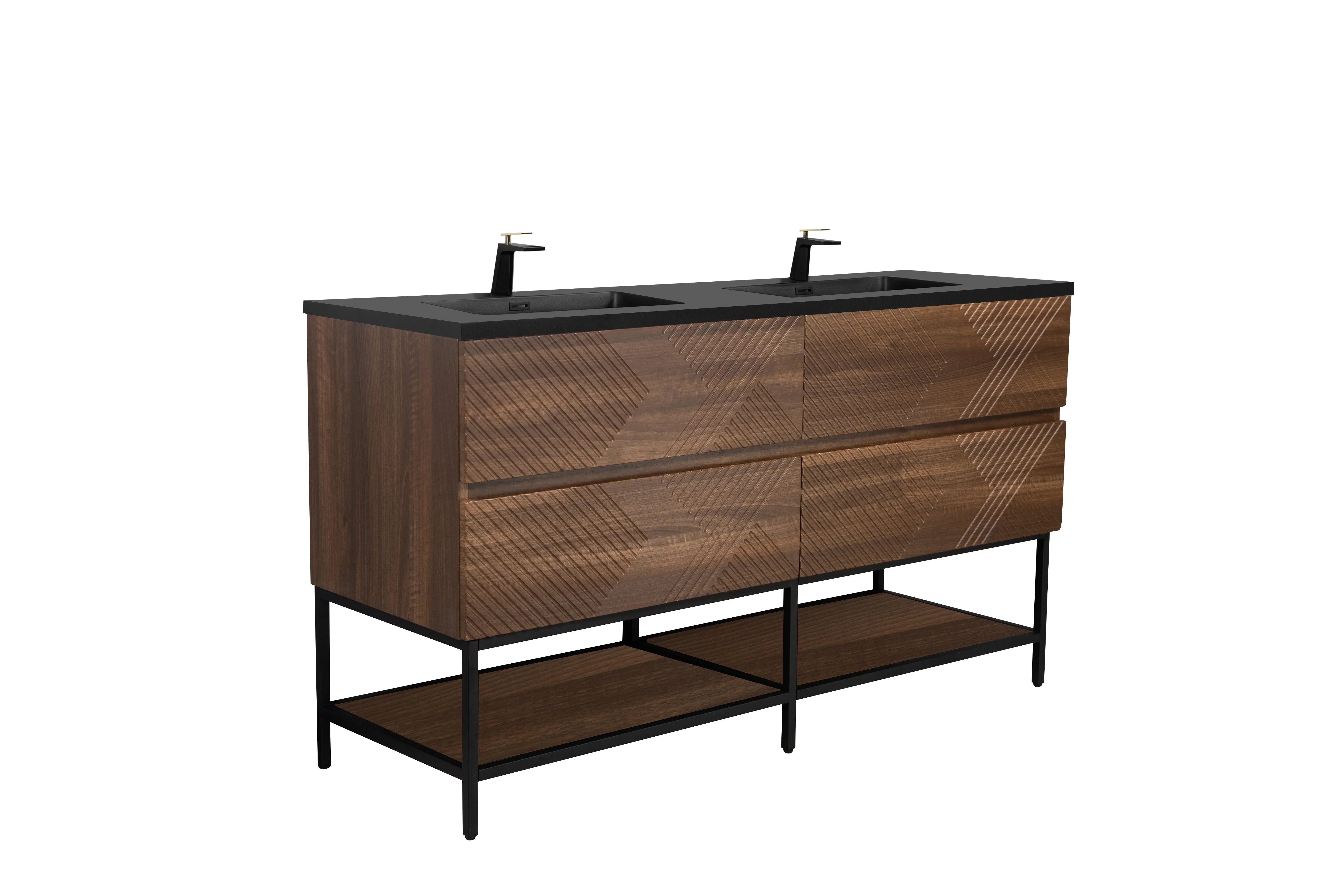 60" Walnut Wall Mount Double Sink Bathroom Vanity with Black Engineered Quartz Countertop-Migration_Bathroom Vanities-DECOROLALA