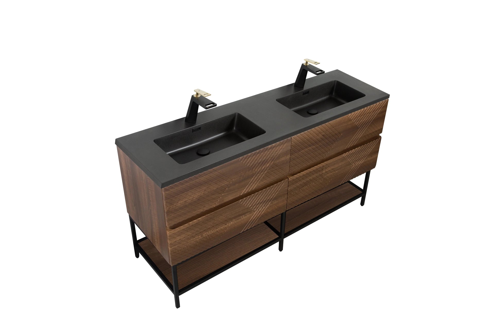 60" Walnut Wall Mount Double Sink Bathroom Vanity with Black Engineered Quartz Countertop-Migration_Bathroom Vanities-DECOROLALA