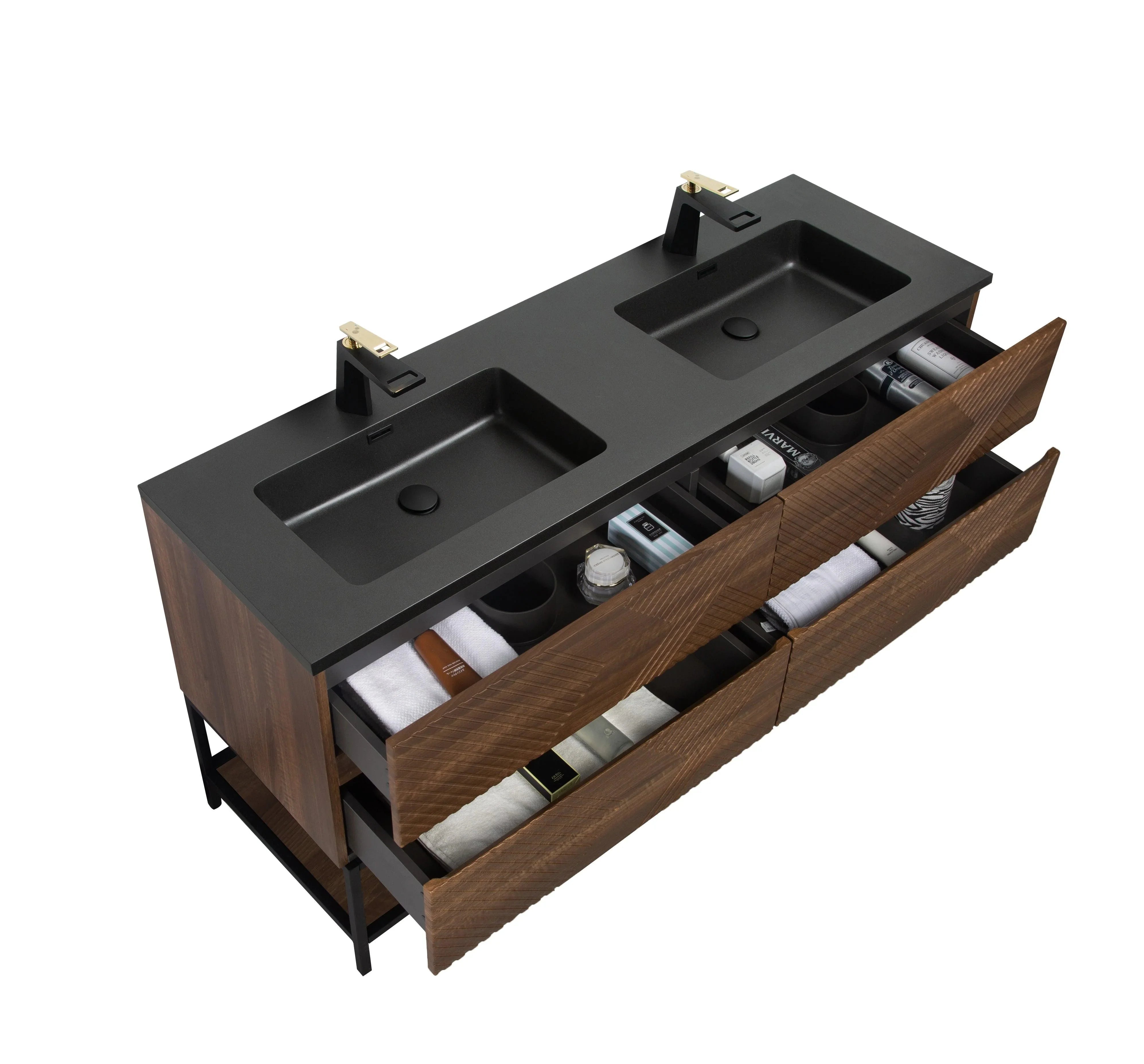 60" Walnut Wall Mount Double Sink Bathroom Vanity with Black Engineered Quartz Countertop-Migration_Bathroom Vanities-DECOROLALA