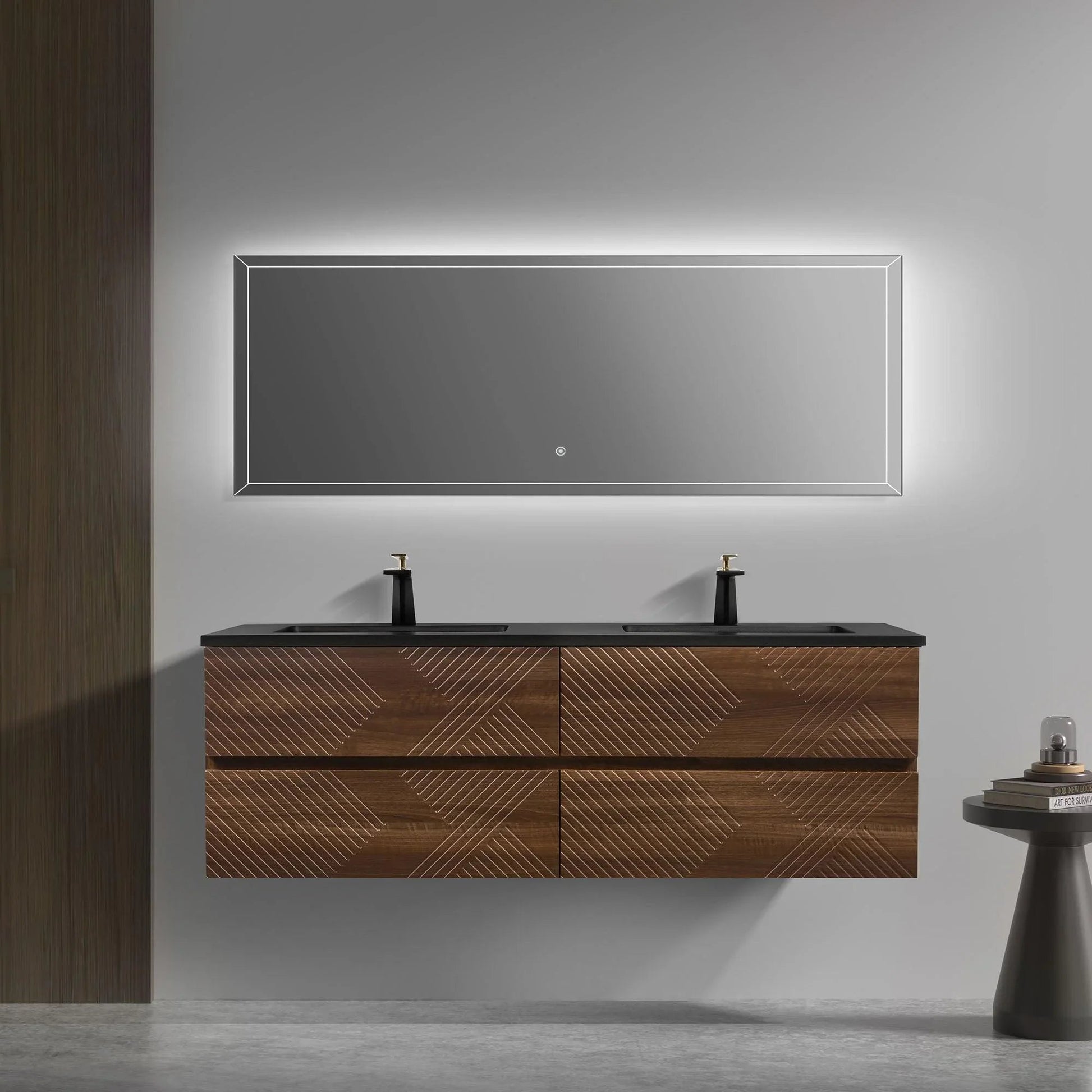 60" Walnut Wall Mount Double Sink Bathroom Vanity with Black Engineered Quartz Countertop-Migration_Bathroom Vanities-DECOROLALA