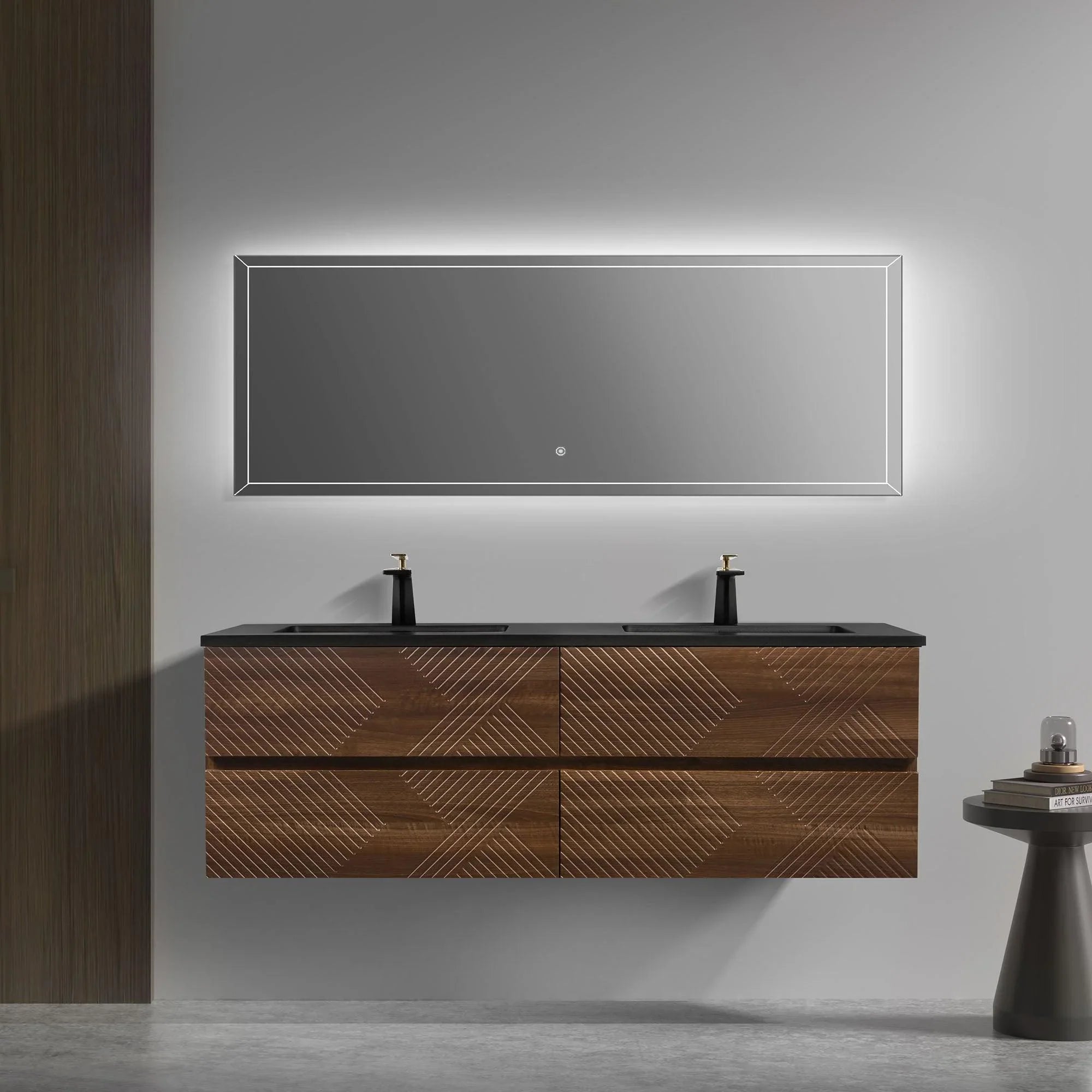 60" Walnut Wall Mount Double Sink Bathroom Vanity with Black Engineered Quartz Countertop-Migration_Bathroom Vanities-DECOROLALA