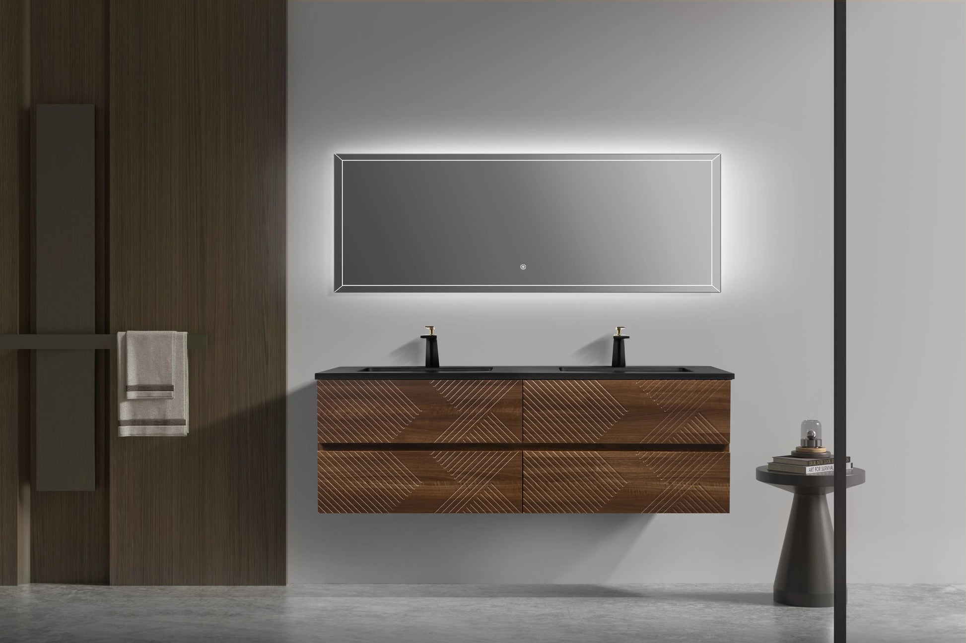 60" Walnut Wall Mount Double Sink Bathroom Vanity with Black Engineered Quartz Countertop-Migration_Bathroom Vanities-DECOROLALA