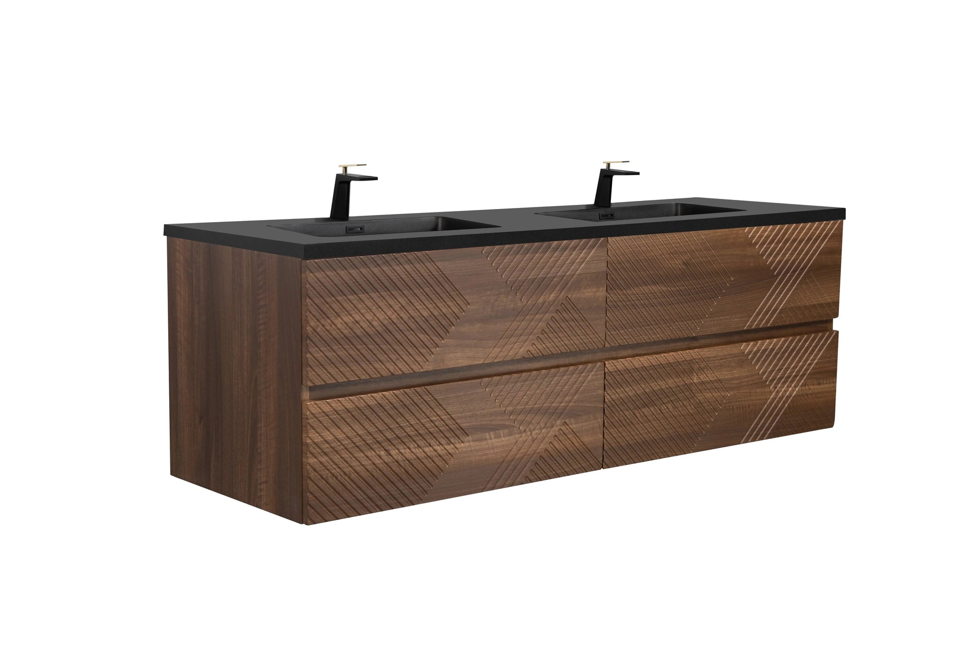 60" Walnut Wall Mount Double Sink Bathroom Vanity with Black Engineered Quartz Countertop-Migration_Bathroom Vanities-DECOROLALA