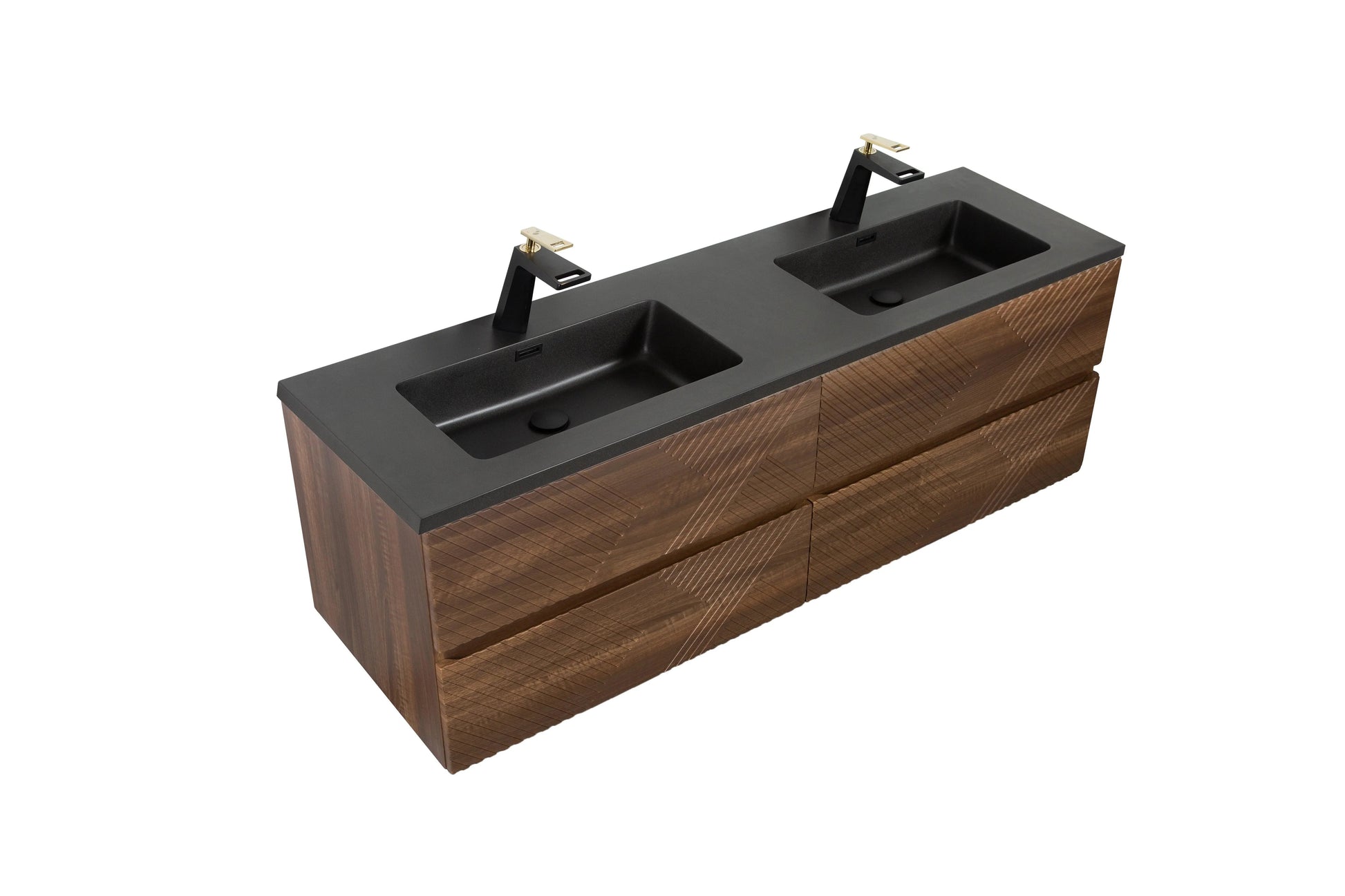 60" Walnut Wall Mount Double Sink Bathroom Vanity with Black Engineered Quartz Countertop-Migration_Bathroom Vanities-DECOROLALA