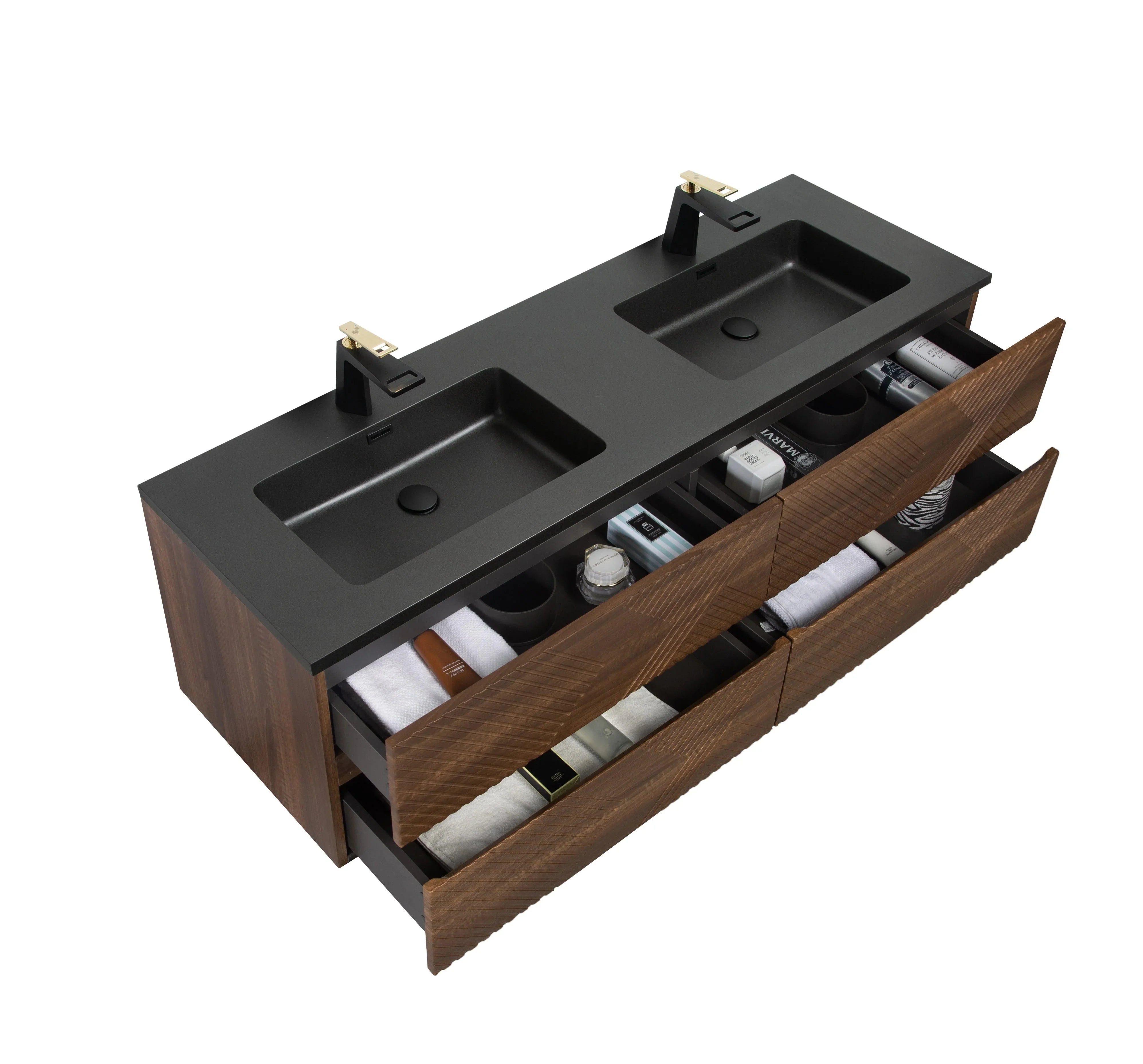 60" Walnut Wall Mount Double Sink Bathroom Vanity with Black Engineered Quartz Countertop-Migration_Bathroom Vanities-DECOROLALA