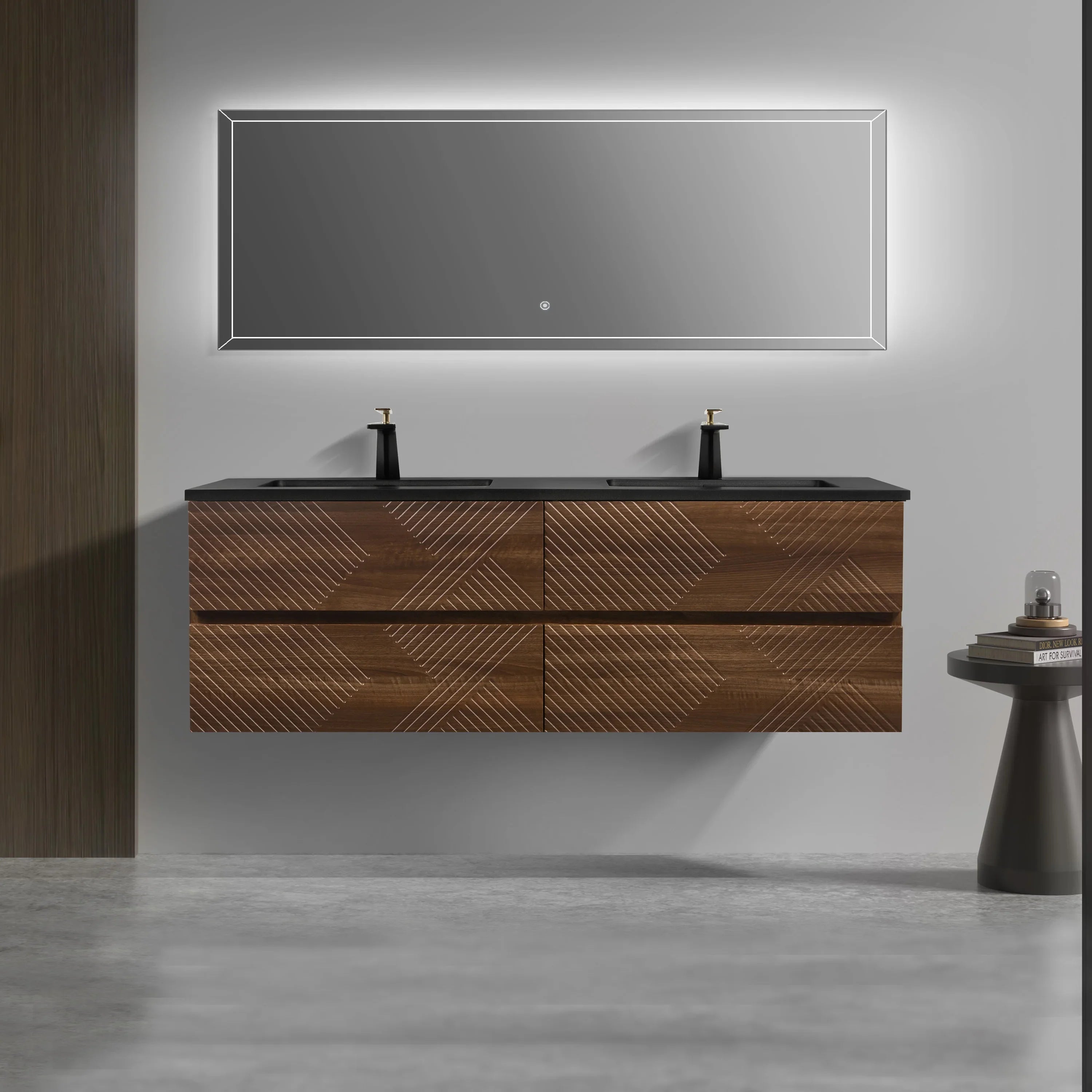 60" Walnut Wall Mount Double Sink Bathroom Vanity with Black Engineered Quartz Countertop-Migration_Bathroom Vanities-DECOROLALA