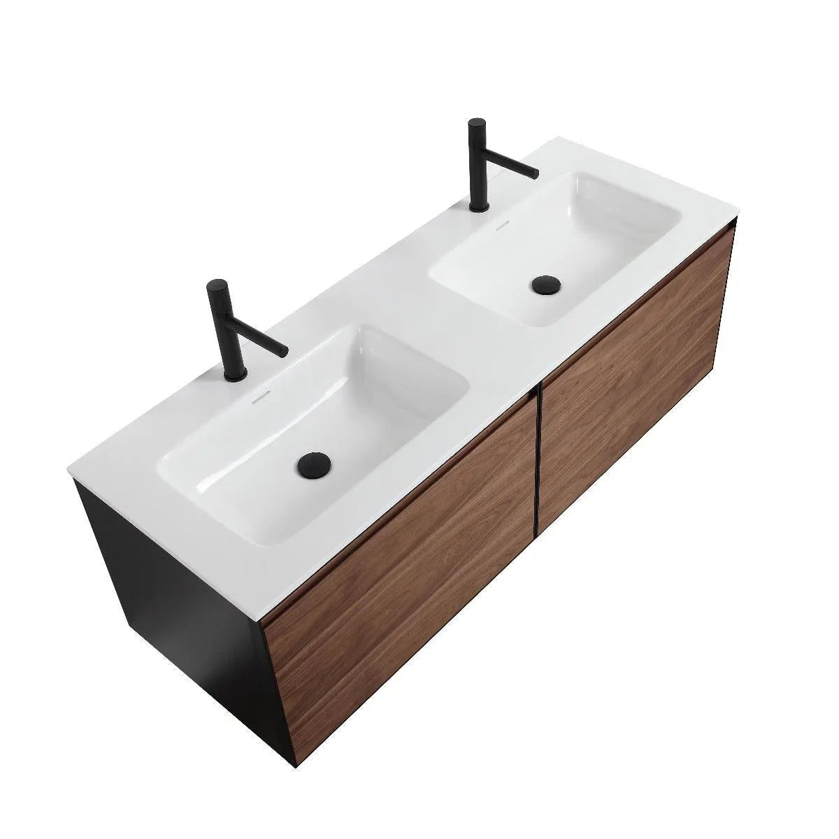 60" Walnut Wall Mount Double Sink Bathroom Vanity with Glossy White Solid Surface Countertop-Migration_Bathroom Vanities-DECOROLALA
