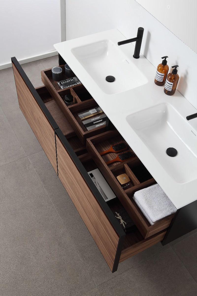 60" Walnut Wall Mount Double Sink Bathroom Vanity with Glossy White Solid Surface Countertop-Migration_Bathroom Vanities-DECOROLALA