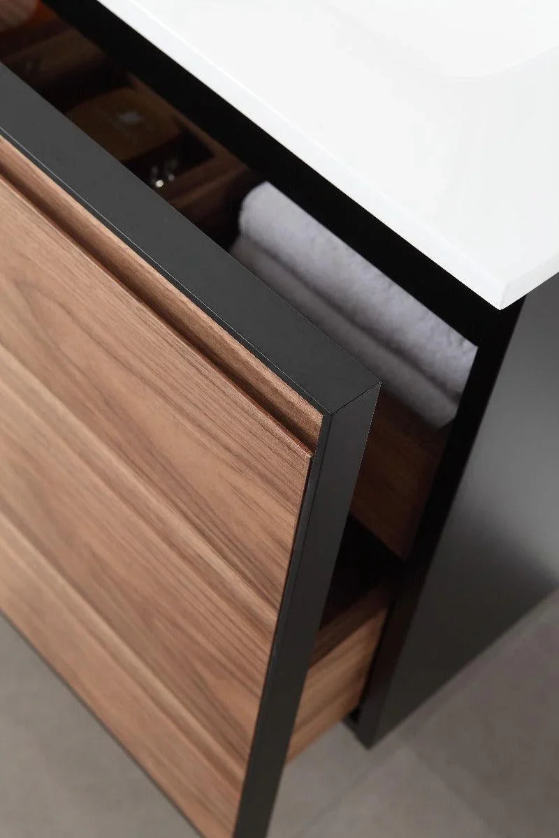 60" Walnut Wall Mount Double Sink Bathroom Vanity with Glossy White Solid Surface Countertop-Migration_Bathroom Vanities-DECOROLALA