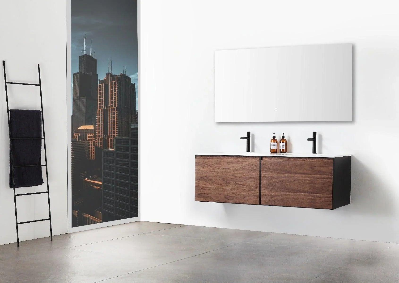 60" Walnut Wall Mount Double Sink Bathroom Vanity with Glossy White Solid Surface Countertop-Migration_Bathroom Vanities-DECOROLALA