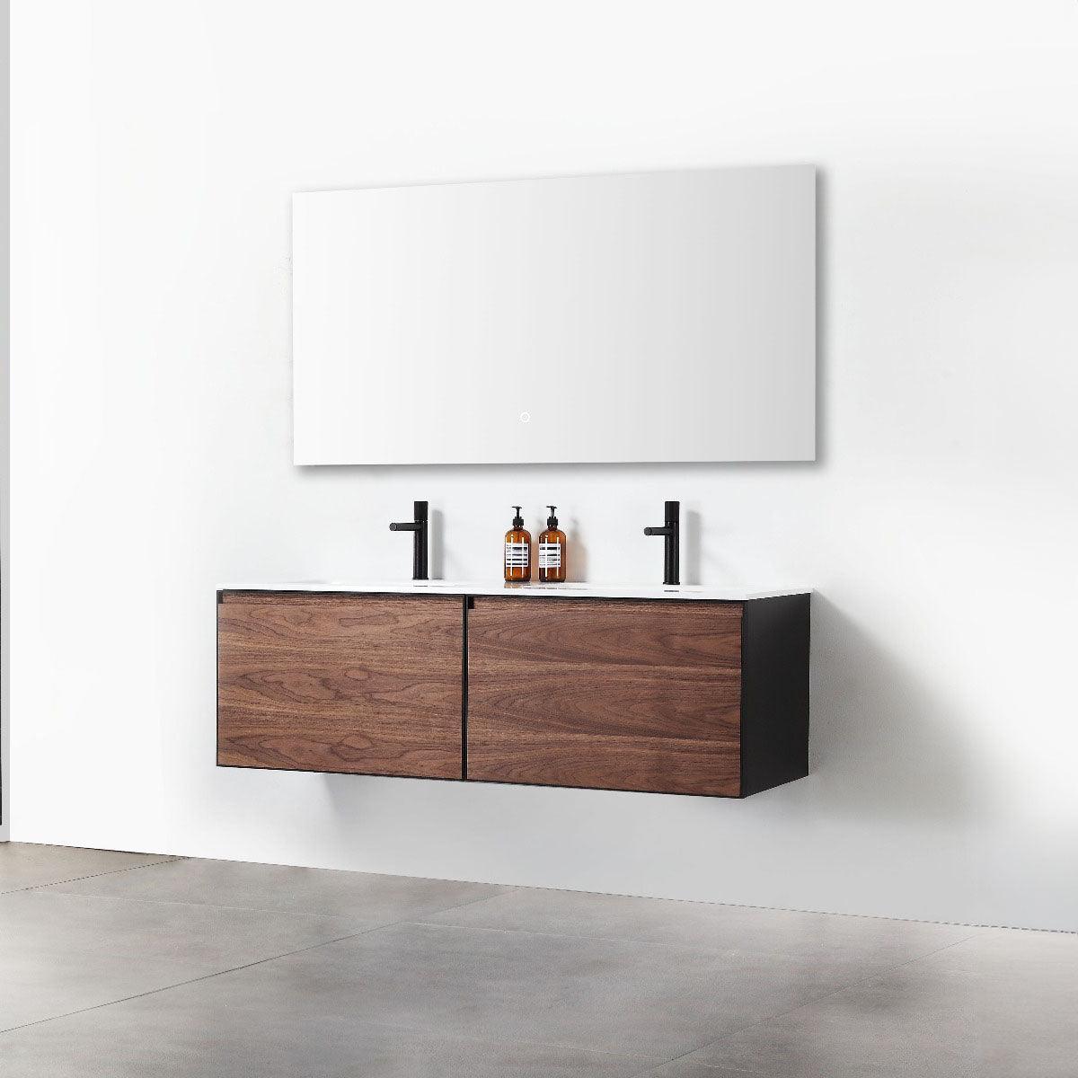 60" Walnut Wall Mount Double Sink Bathroom Vanity with Glossy White Solid Surface Countertop-Migration_Bathroom Vanities-DECOROLALA