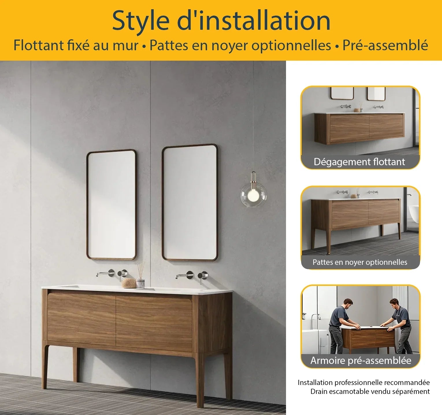 60" Walnut Wall Mount Double Sink Bathroom Vanity with Matte White Solid Surface Countertop-Migration_Bathroom Vanities-DECOROLALA