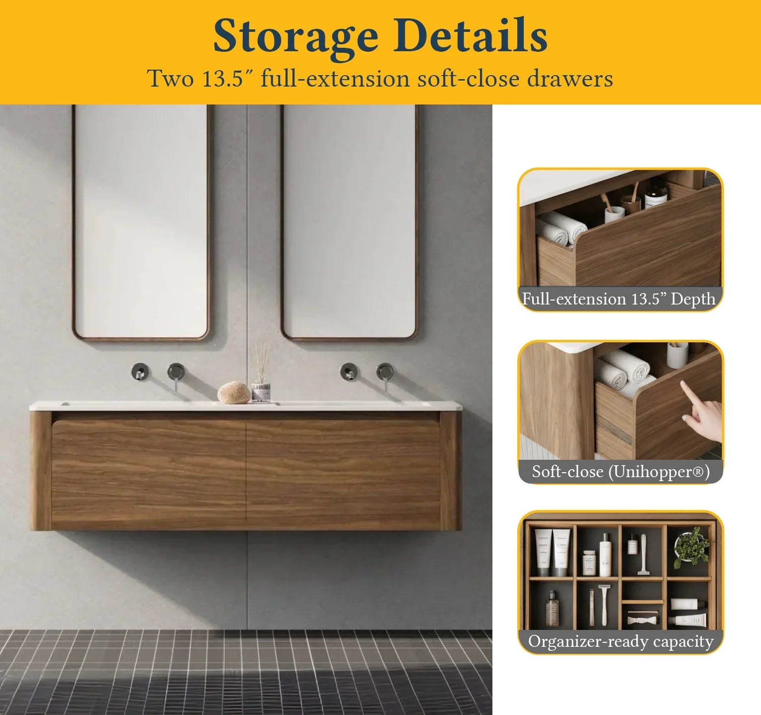 60" Walnut Wall Mount Double Sink Bathroom Vanity with Matte White Solid Surface Countertop-Migration_Bathroom Vanities-DECOROLALA