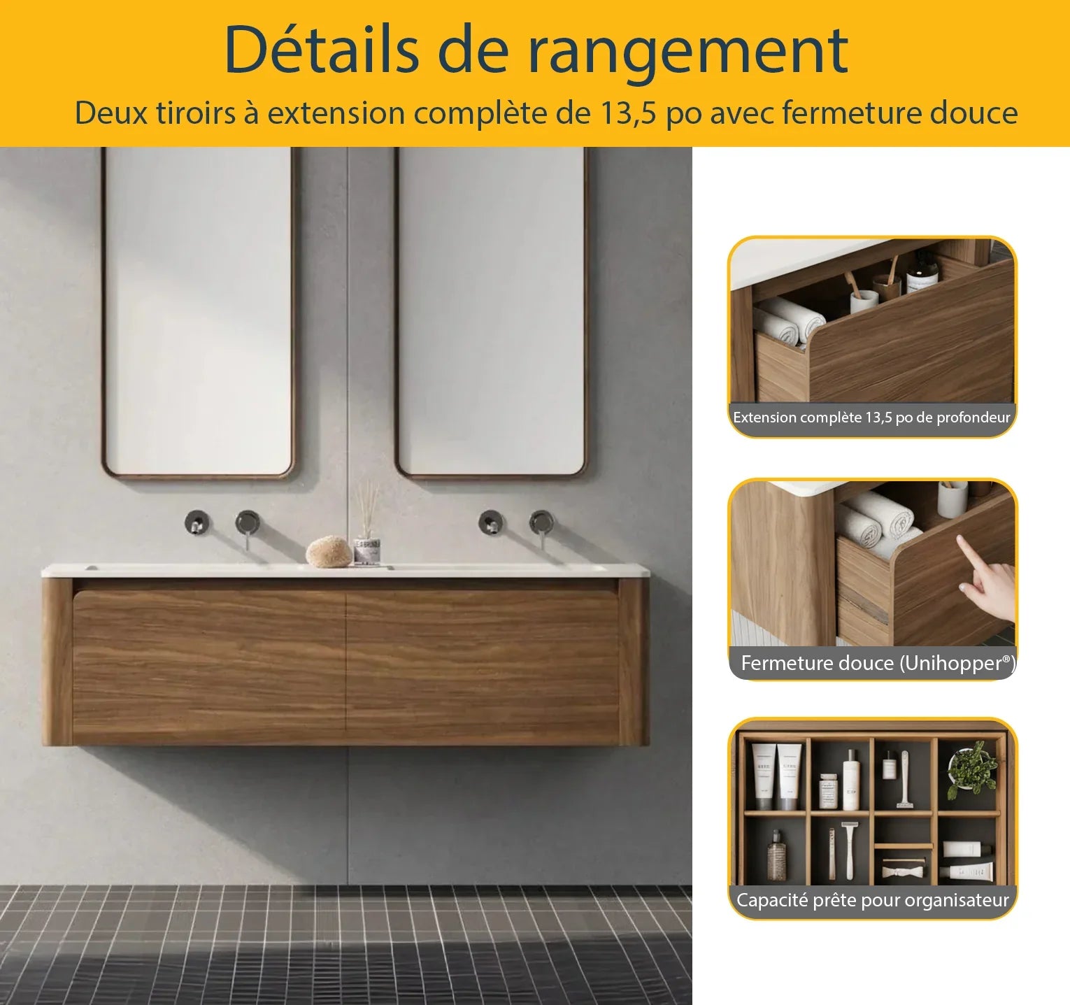 60" Walnut Wall Mount Double Sink Bathroom Vanity with Matte White Solid Surface Countertop-Migration_Bathroom Vanities-DECOROLALA