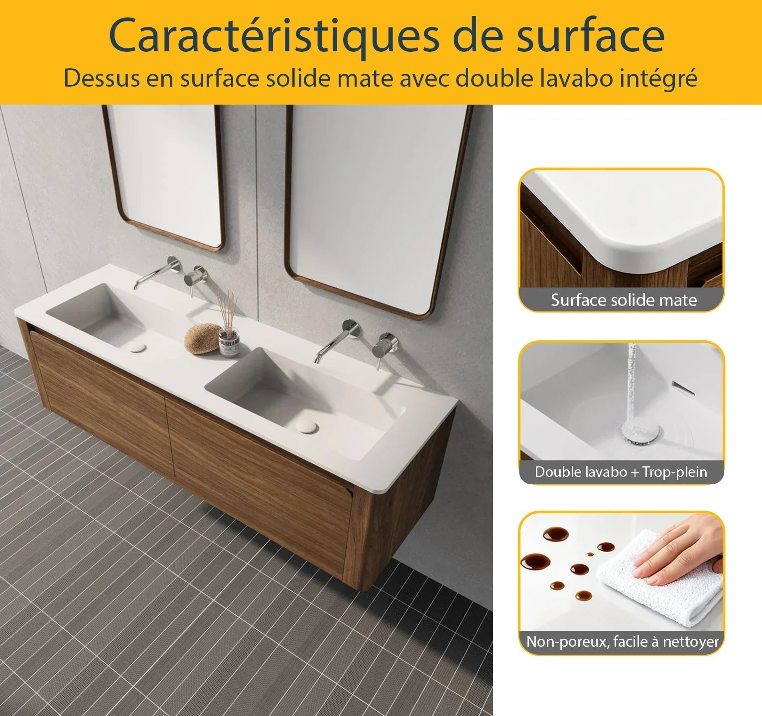 60" Walnut Wall Mount Double Sink Bathroom Vanity with Matte White Solid Surface Countertop-Migration_Bathroom Vanities-DECOROLALA