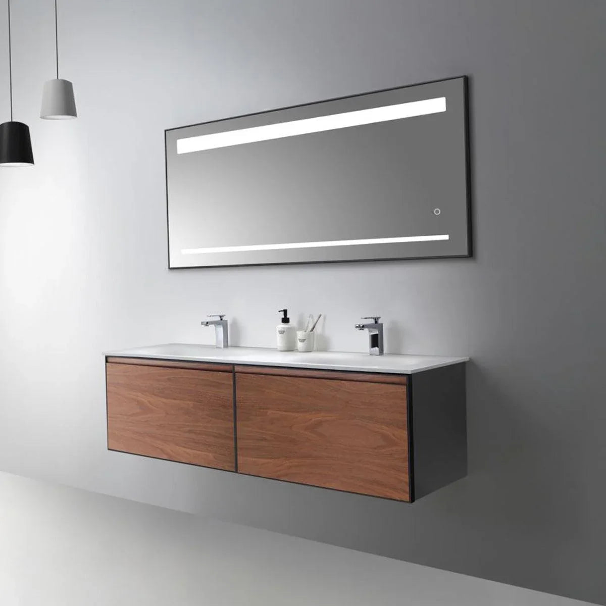 60" Walnut Wall Mount Double Sink Bathroom Vanity with Matte White Solid Surface Countertop-Migration_Bathroom Vanities-DECOROLALA