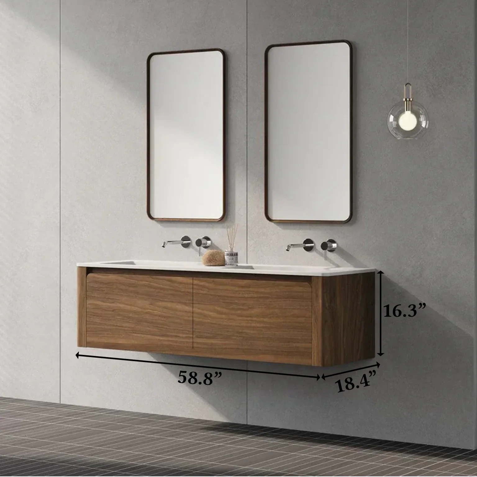 60" Walnut Wall Mount Double Sink Bathroom Vanity with Matte White Solid Surface Countertop-Migration_Bathroom Vanities-DECOROLALA