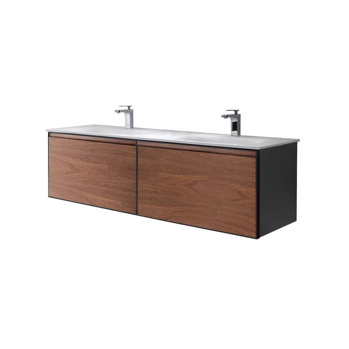 60" Walnut Wall Mount Double Sink Bathroom Vanity with Matte White Solid Surface Countertop-Migration_Bathroom Vanities-DECOROLALA