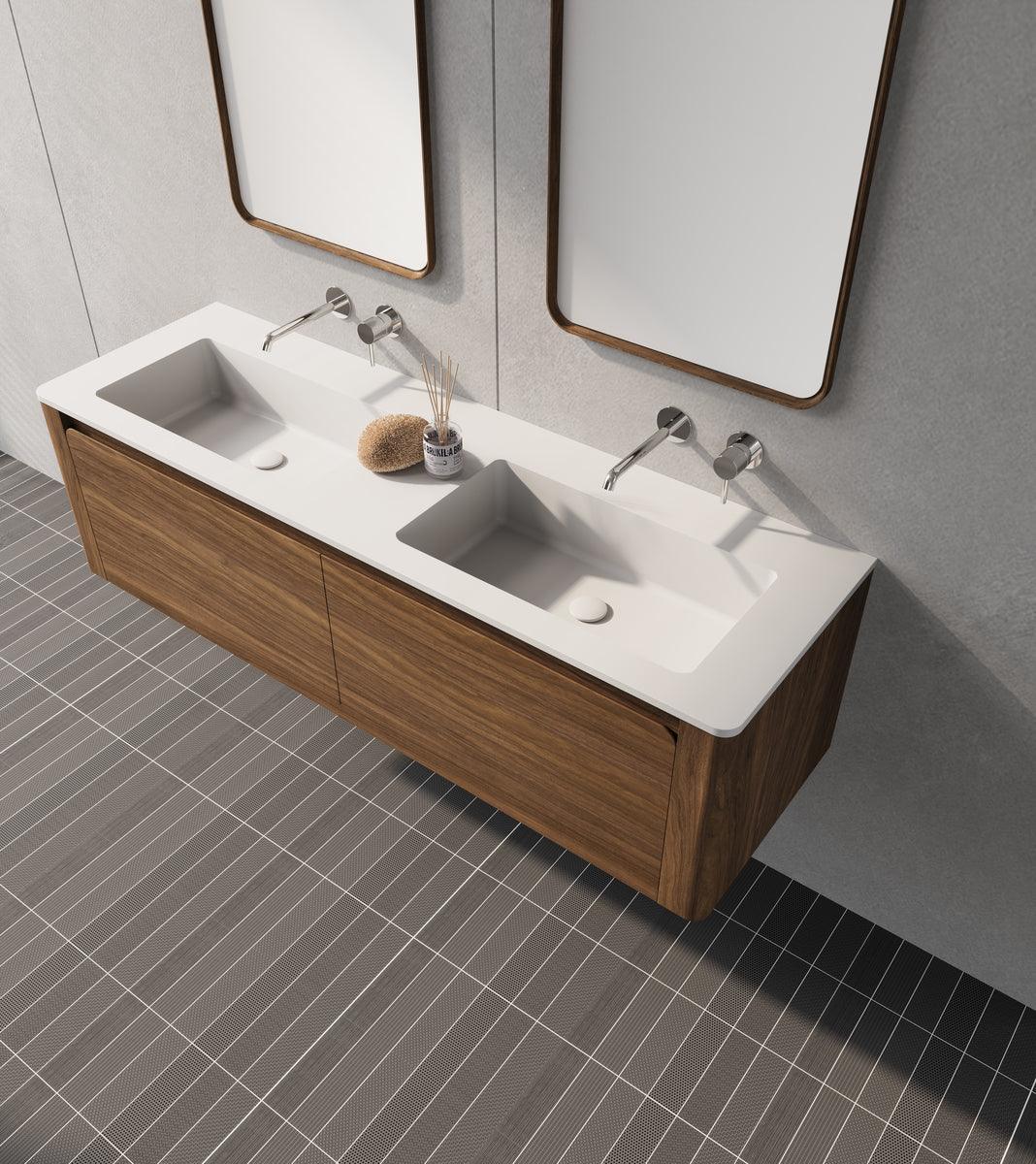 60" Walnut Wall Mount Double Sink Bathroom Vanity with Matte White Solid Surface Countertop-Migration_Bathroom Vanities-DECOROLALA
