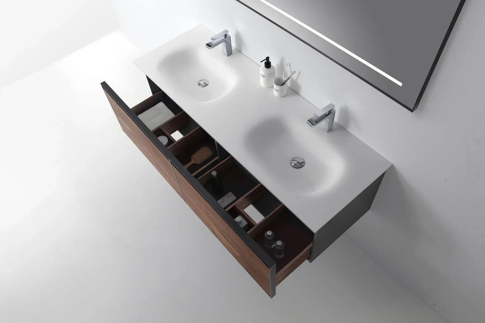 60" Walnut Wall Mount Double Sink Bathroom Vanity with Matte White Solid Surface Countertop-Migration_Bathroom Vanities-DECOROLALA