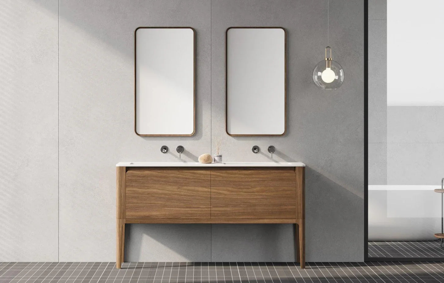 60" Walnut Wall Mount Double Sink Bathroom Vanity with Matte White Solid Surface Countertop-Migration_Bathroom Vanities-DECOROLALA