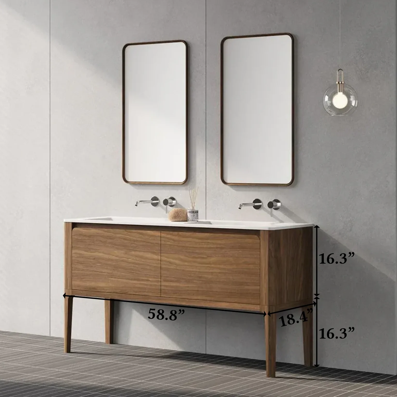 60" Walnut Wall Mount Double Sink Bathroom Vanity with Matte White Solid Surface Countertop-Migration_Bathroom Vanities-DECOROLALA