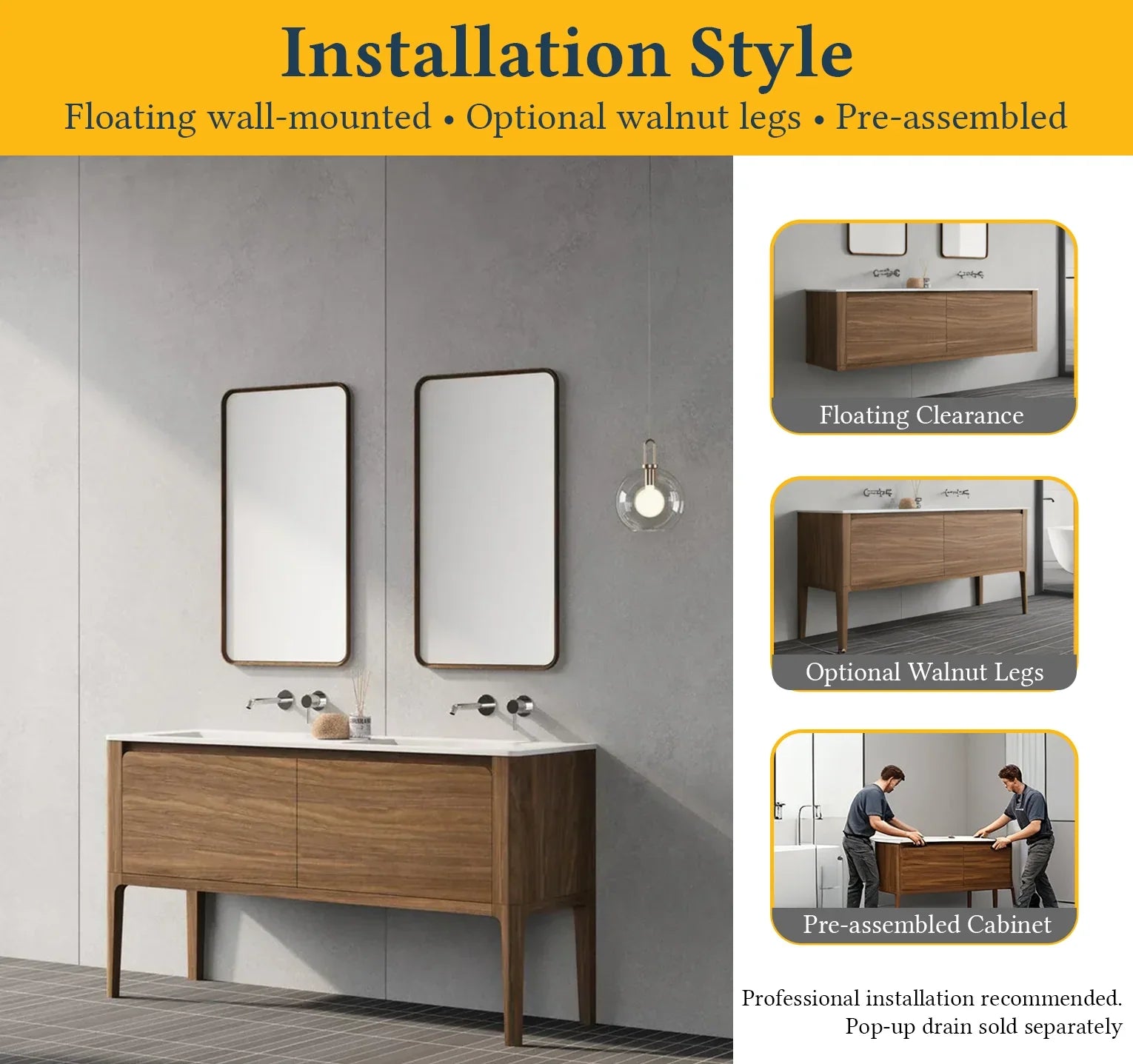 60" Walnut Wall Mount Double Sink Bathroom Vanity with Matte White Solid Surface Countertop-Migration_Bathroom Vanities-DECOROLALA