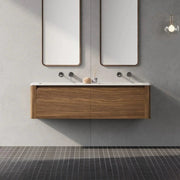 60" Walnut Wall Mount Double Sink Bathroom Vanity with Matte White Solid Surface Countertop-Migration_Bathroom Vanities-DECOROLALA