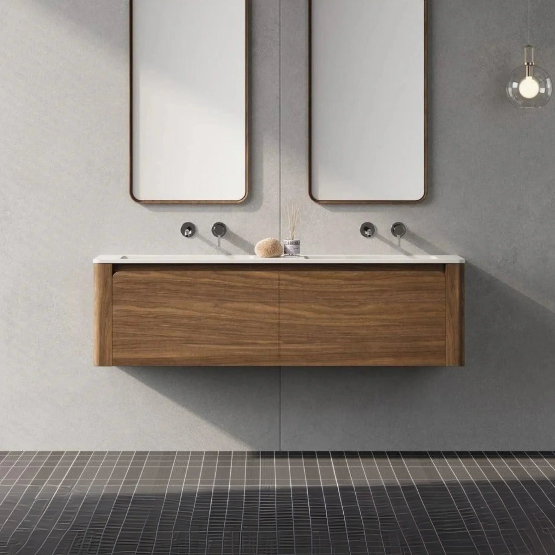 60" Walnut Wall Mount Double Sink Bathroom Vanity with Matte White Solid Surface Countertop-Migration_Bathroom Vanities-DECOROLALA