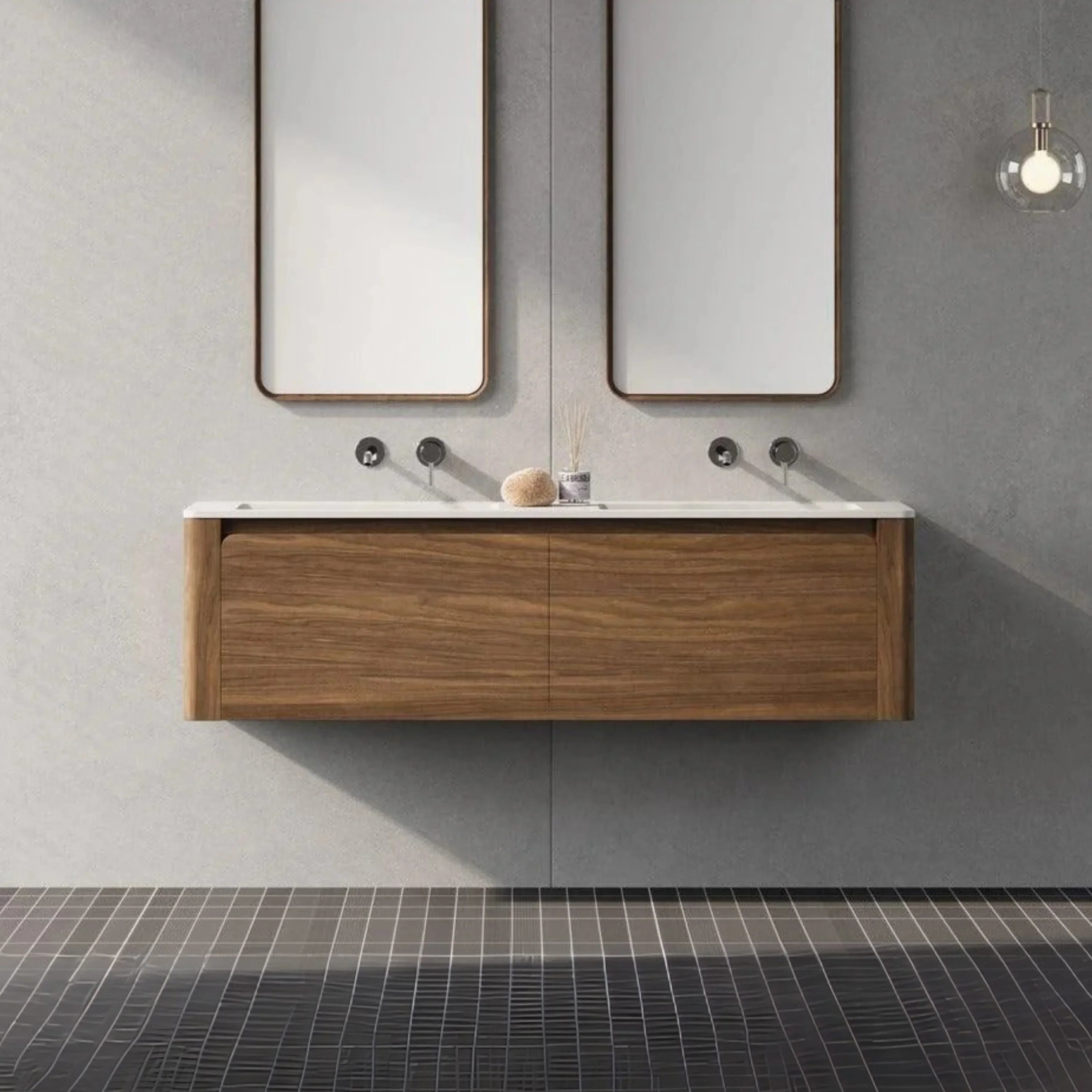 60" Walnut Wall Mount Double Sink Bathroom Vanity with Matte White Solid Surface Countertop-Migration_Bathroom Vanities-DECOROLALA
