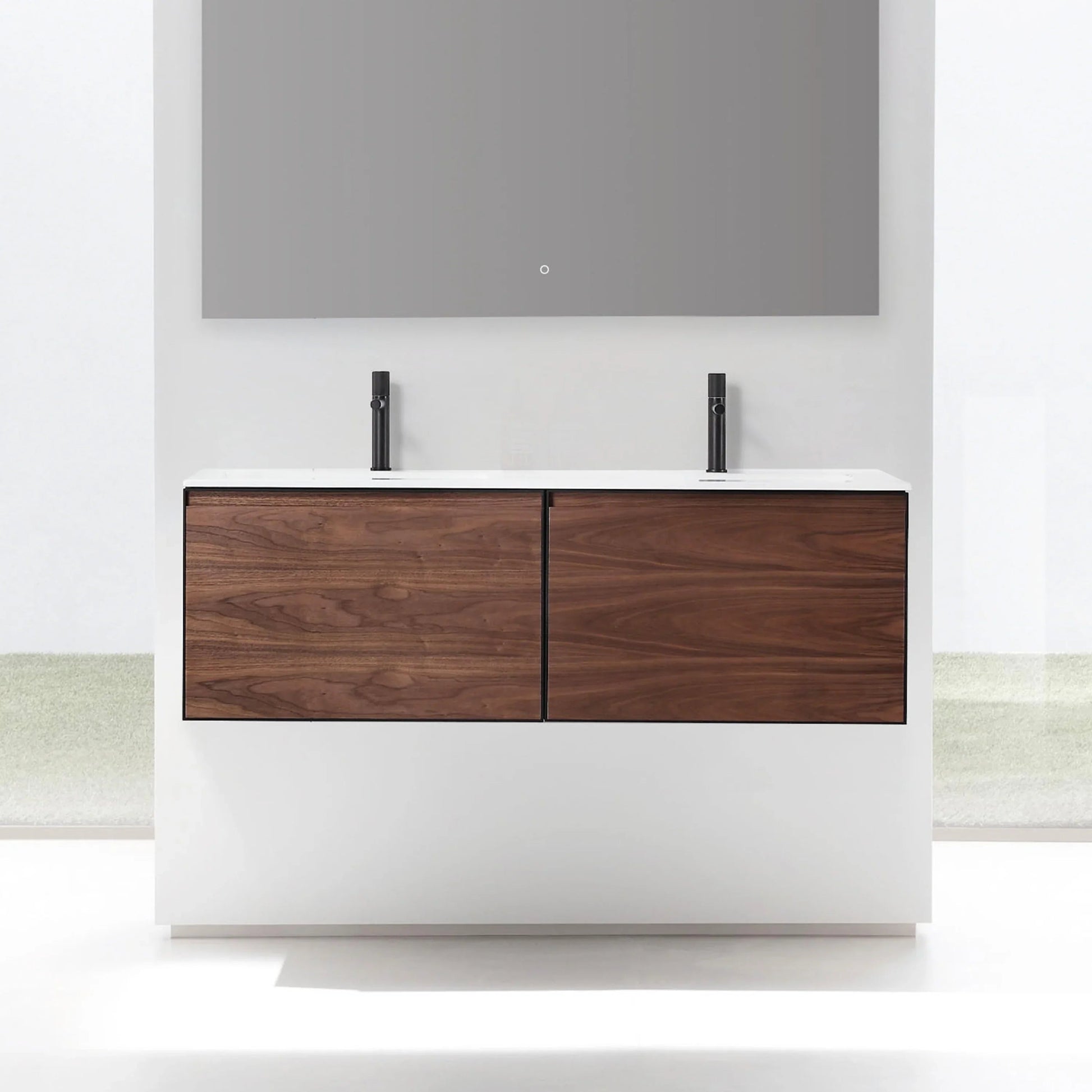 60" Walnut Wall Mount Double Sink Bathroom Vanity with Matte White Solid Surface Countertop-Migration_Bathroom Vanities-DECOROLALA