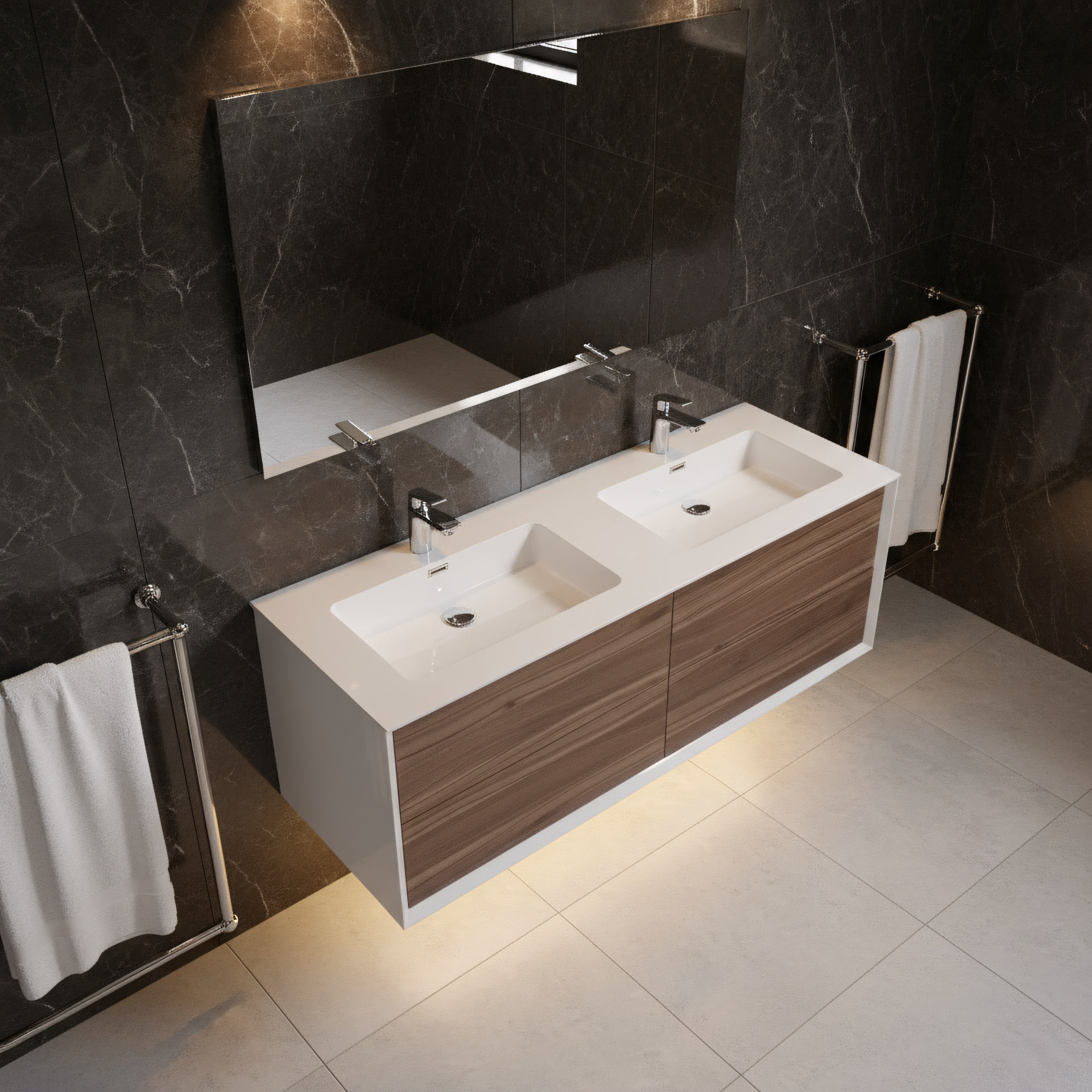 60" Walnut Wall Mount Double Sink Bathroom Vanity with White Polymarble Countertop Fleur-Migration_Bathroom Vanities-DECOROLALA