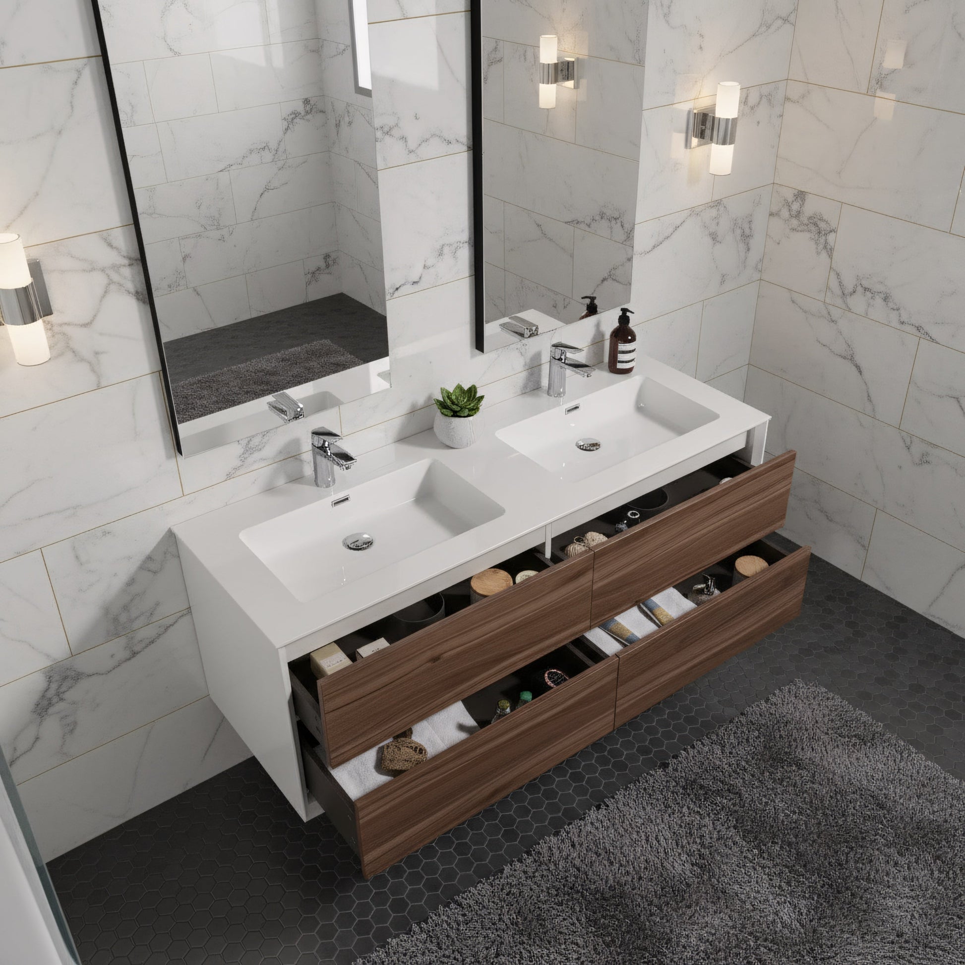60" Walnut Wall Mount Double Sink Bathroom Vanity with White Polymarble Countertop Fleur-Migration_Bathroom Vanities-DECOROLALA