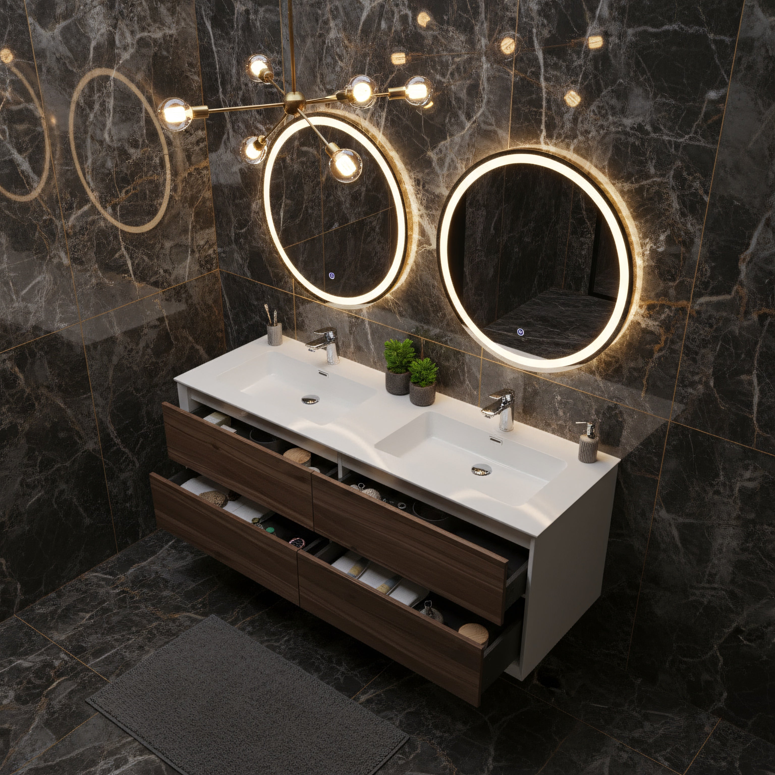 60" Walnut Wall Mount Double Sink Bathroom Vanity with White Polymarble Countertop Fleur-Migration_Bathroom Vanities-DECOROLALA