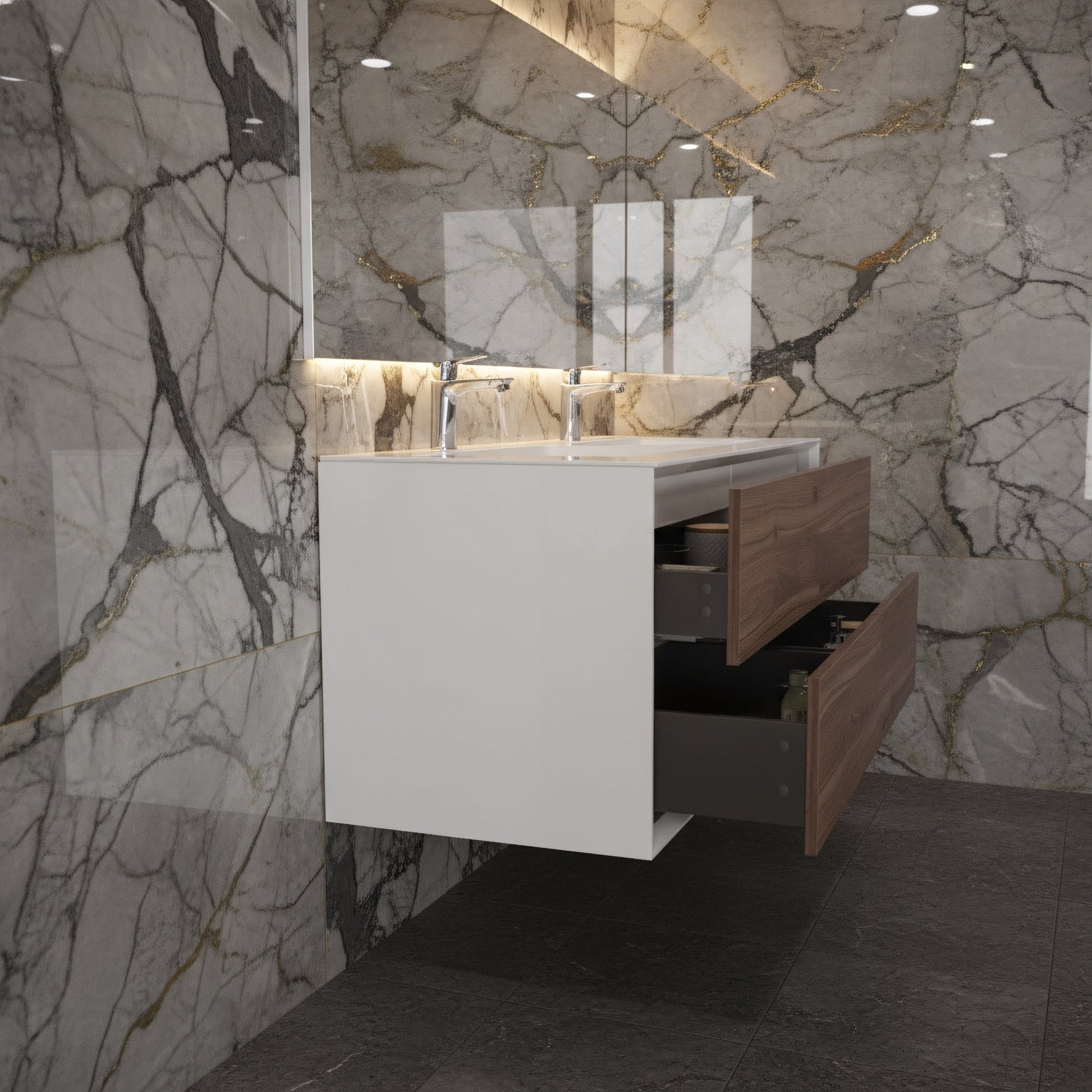 60" Walnut Wall Mount Double Sink Bathroom Vanity with White Polymarble Countertop Fleur-Migration_Bathroom Vanities-DECOROLALA