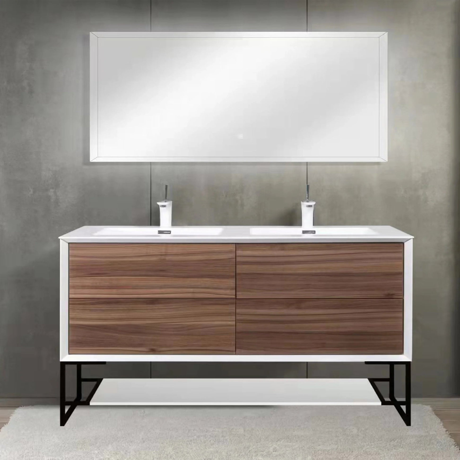 60" Walnut Wall Mount Double Sink Bathroom Vanity with White Polymarble Countertop Fleur-Migration_Bathroom Vanities-DECOROLALA