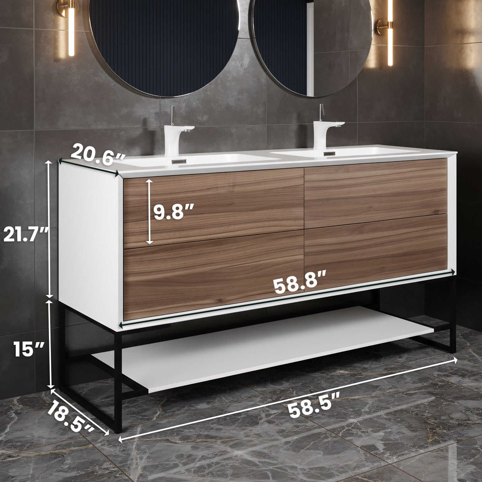 60" Walnut Wall Mount Double Sink Bathroom Vanity with White Polymarble Countertop Fleur-Migration_Bathroom Vanities-DECOROLALA