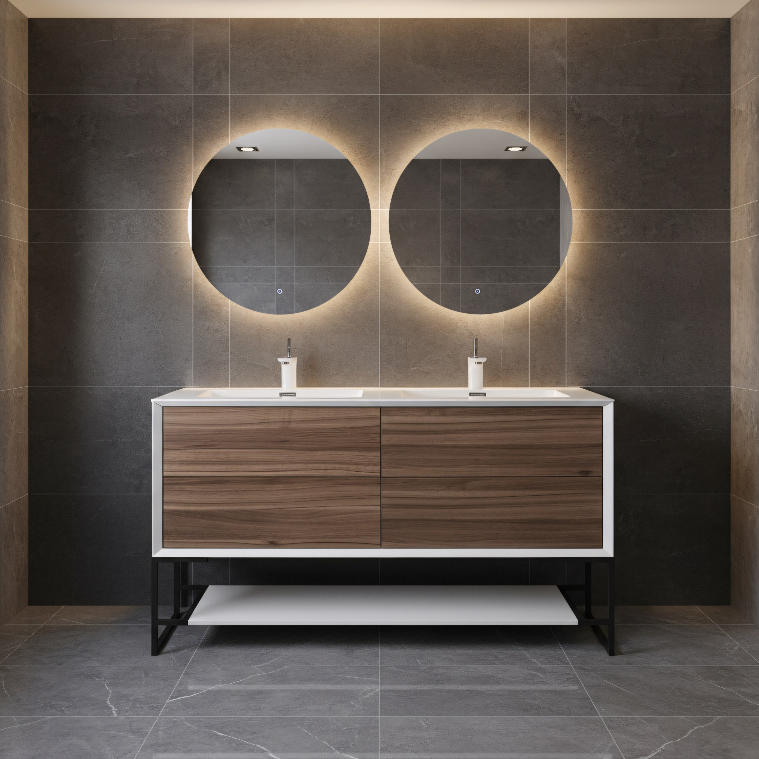 60" Walnut Wall Mount Double Sink Bathroom Vanity with White Polymarble Countertop Fleur-Migration_Bathroom Vanities-DECOROLALA