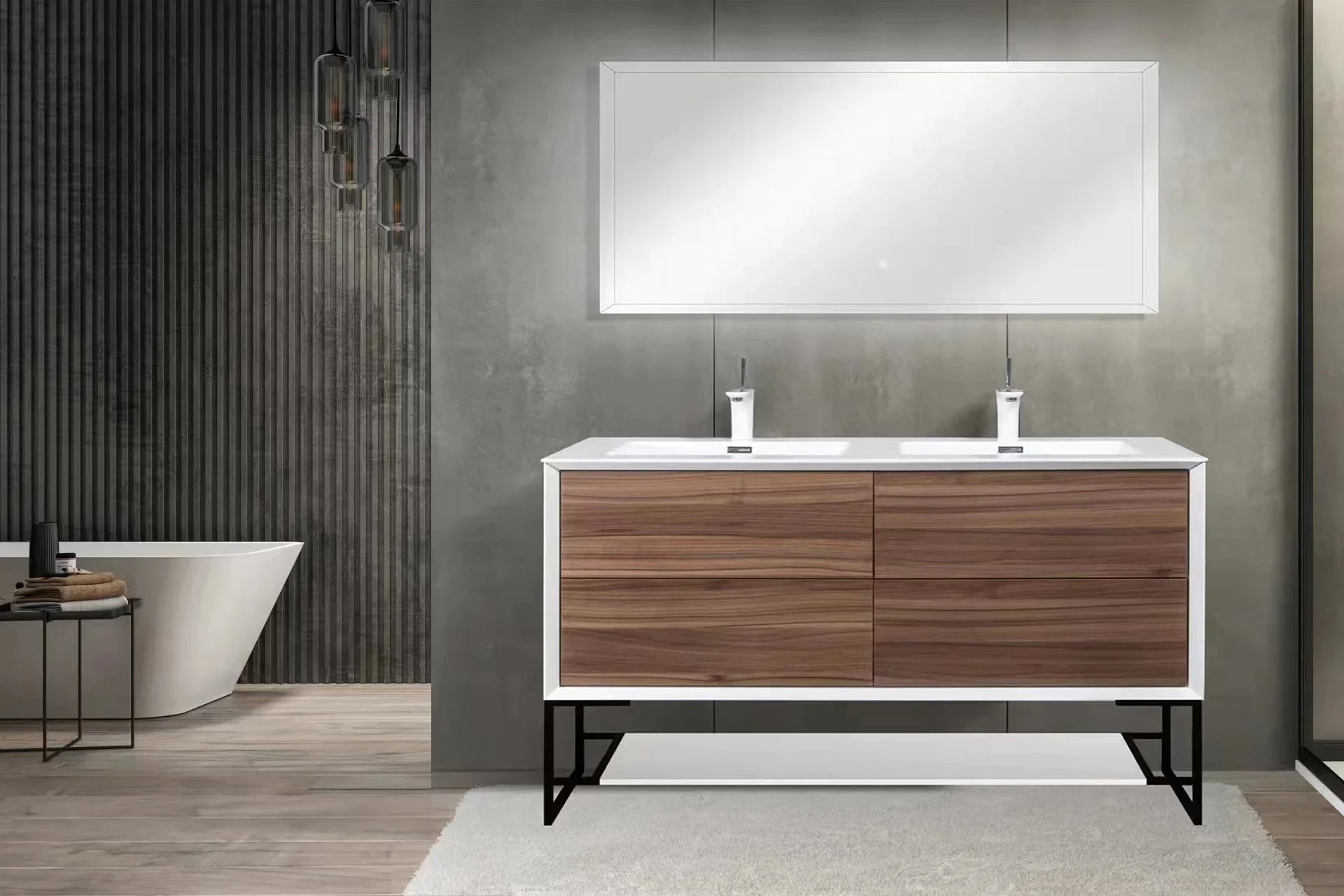 60" Walnut Wall Mount Double Sink Bathroom Vanity with White Polymarble Countertop Fleur-Migration_Bathroom Vanities-DECOROLALA