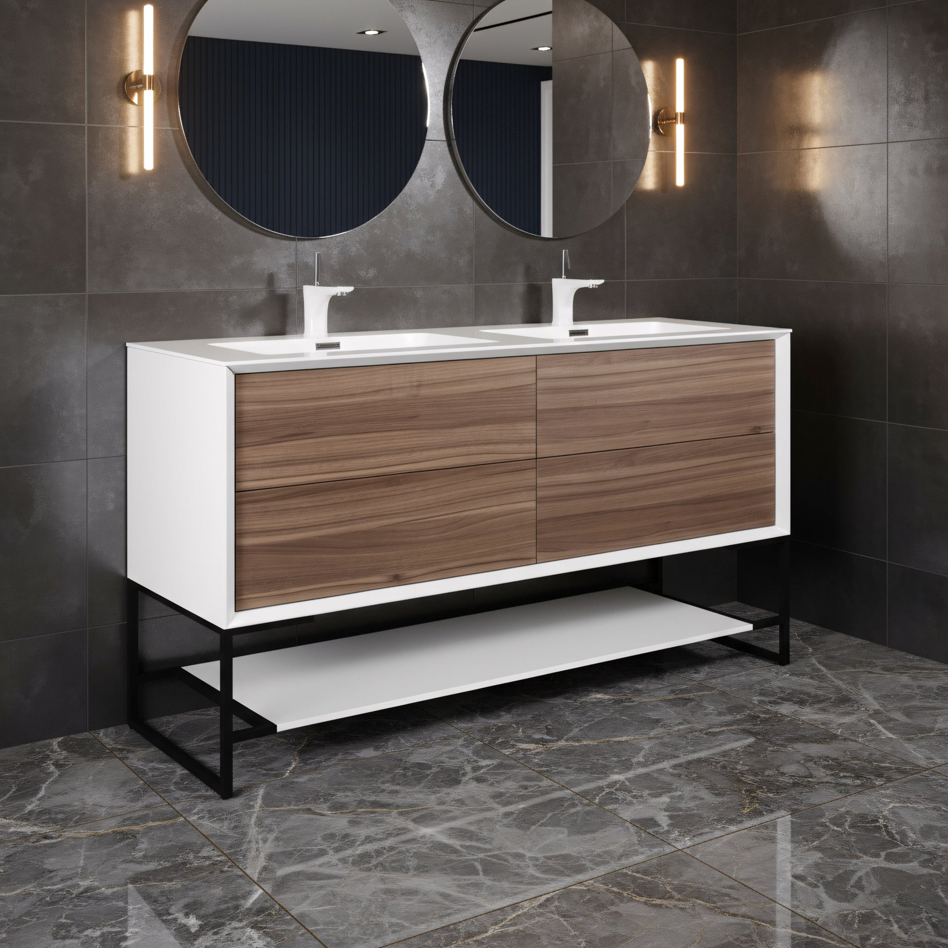 60" Walnut Wall Mount Double Sink Bathroom Vanity with White Polymarble Countertop Fleur-Migration_Bathroom Vanities-DECOROLALA