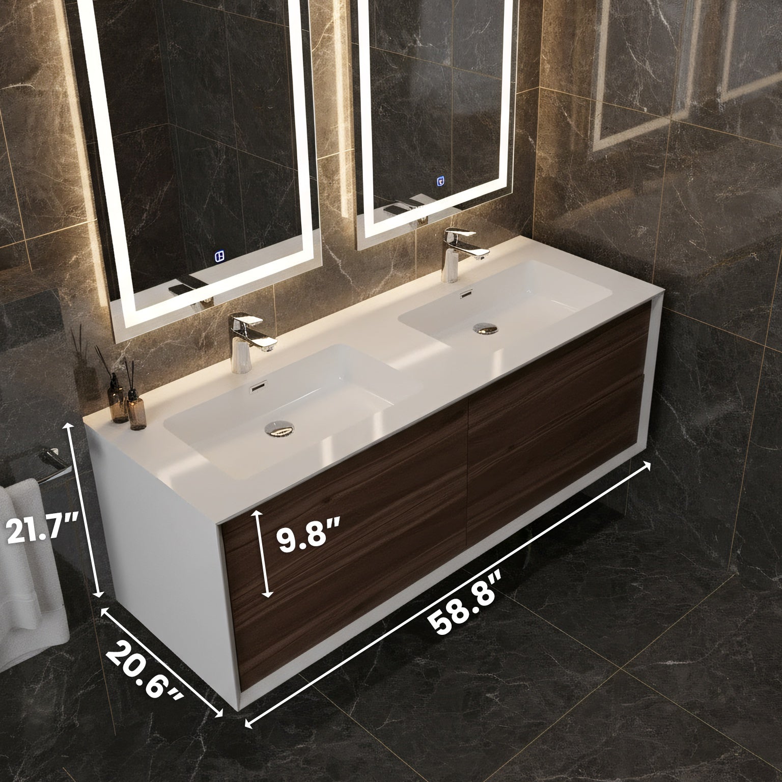 60" Walnut Wall Mount Double Sink Bathroom Vanity with White Polymarble Countertop Fleur-Migration_Bathroom Vanities-DECOROLALA