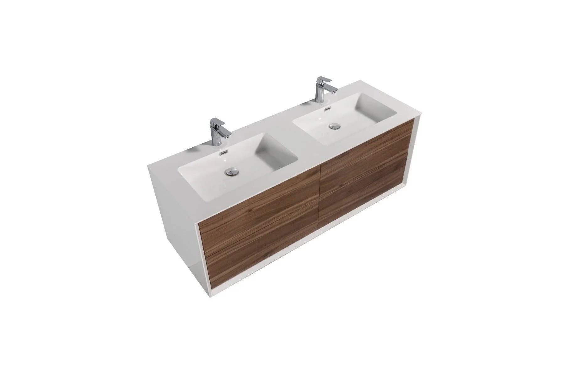 60" Walnut Wall Mount Double Sink Bathroom Vanity with White Polymarble Countertop Fleur-Migration_Bathroom Vanities-DECOROLALA